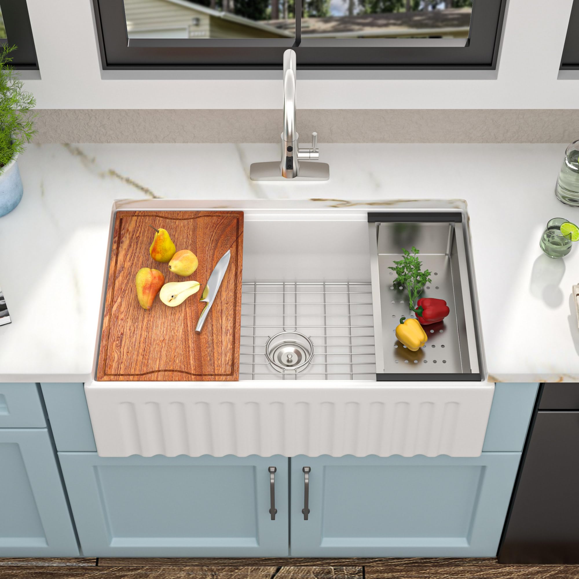 33 White Farm Sink Workstation - Fulorni 33 Inch Farmhouse Kitchen Sink Workstation Flat Apron Front White Ceramic Porcelain Fireclay Single Bowl Farmer Style Basin