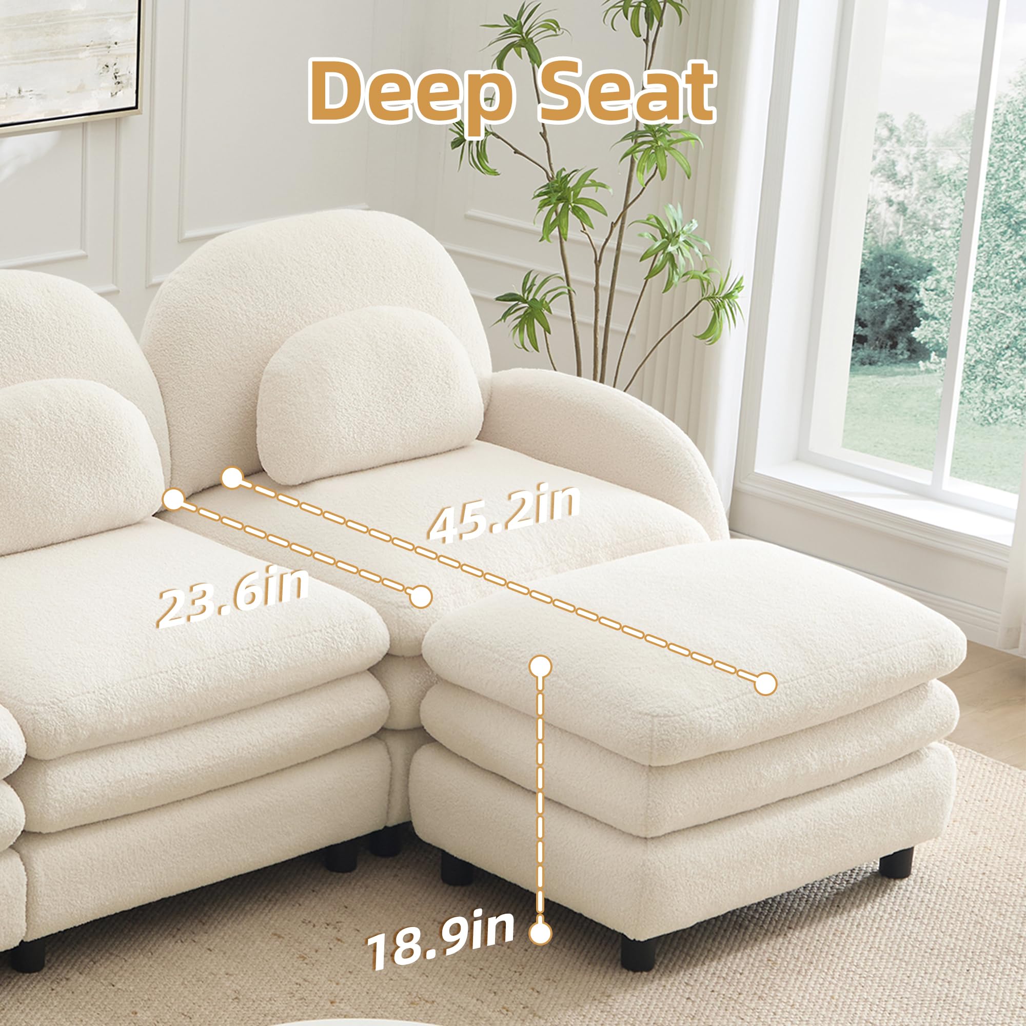 KEIKI 68.5" Chaise Lounges Indoor Modular Loveseat with 2 Ottomans Teddy Fleece, Soft Perfect for Compact Living Room Furniture Space with Space Saving Design and Convertible Modular Use, Beige