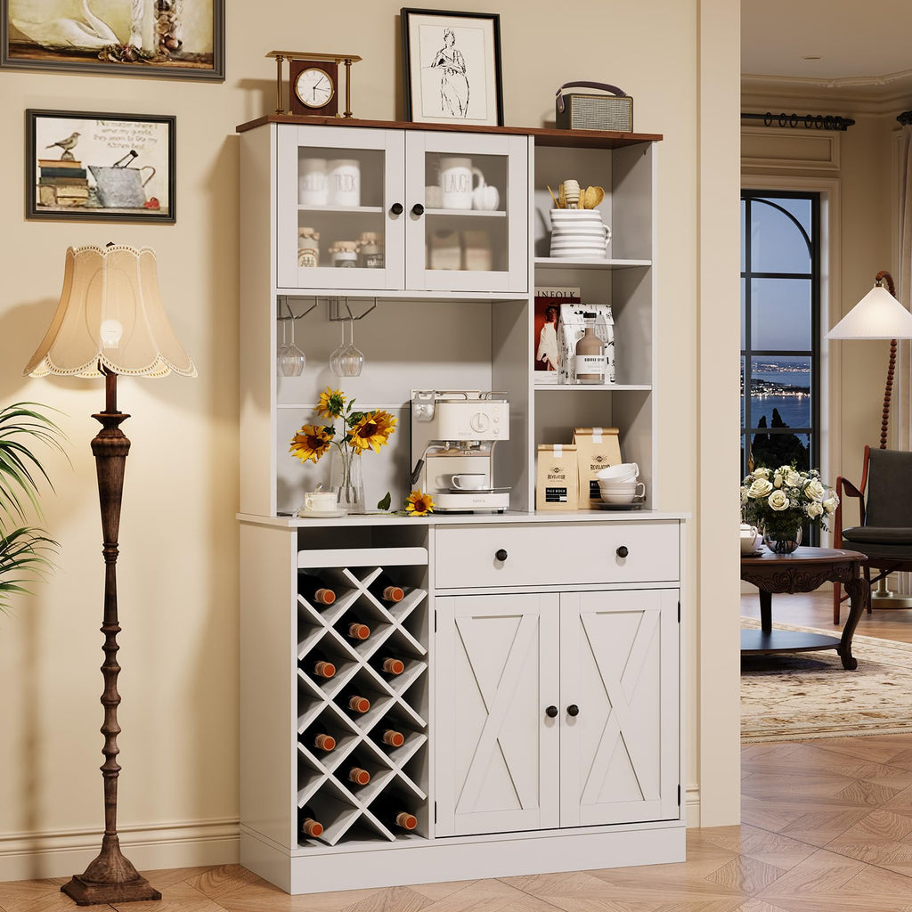 GarveeLife Tall Coffee Bar Cabinet with Wine Rack – Modern Sideboard Buffet, Barn Doors, Storage Hutch, Power Outlets, Glass Holder – for Dining Room, Kitchen, or Living Room – White + Light Walnut