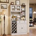 GarveeLife Tall Coffee Bar Cabinet with Wine Rack – Modern Sideboard Buffet, Barn Doors, Storage Hutch, Power Outlets, Glass Holder – for Dining Room, Kitchen, or Living Room – White + Light Walnut