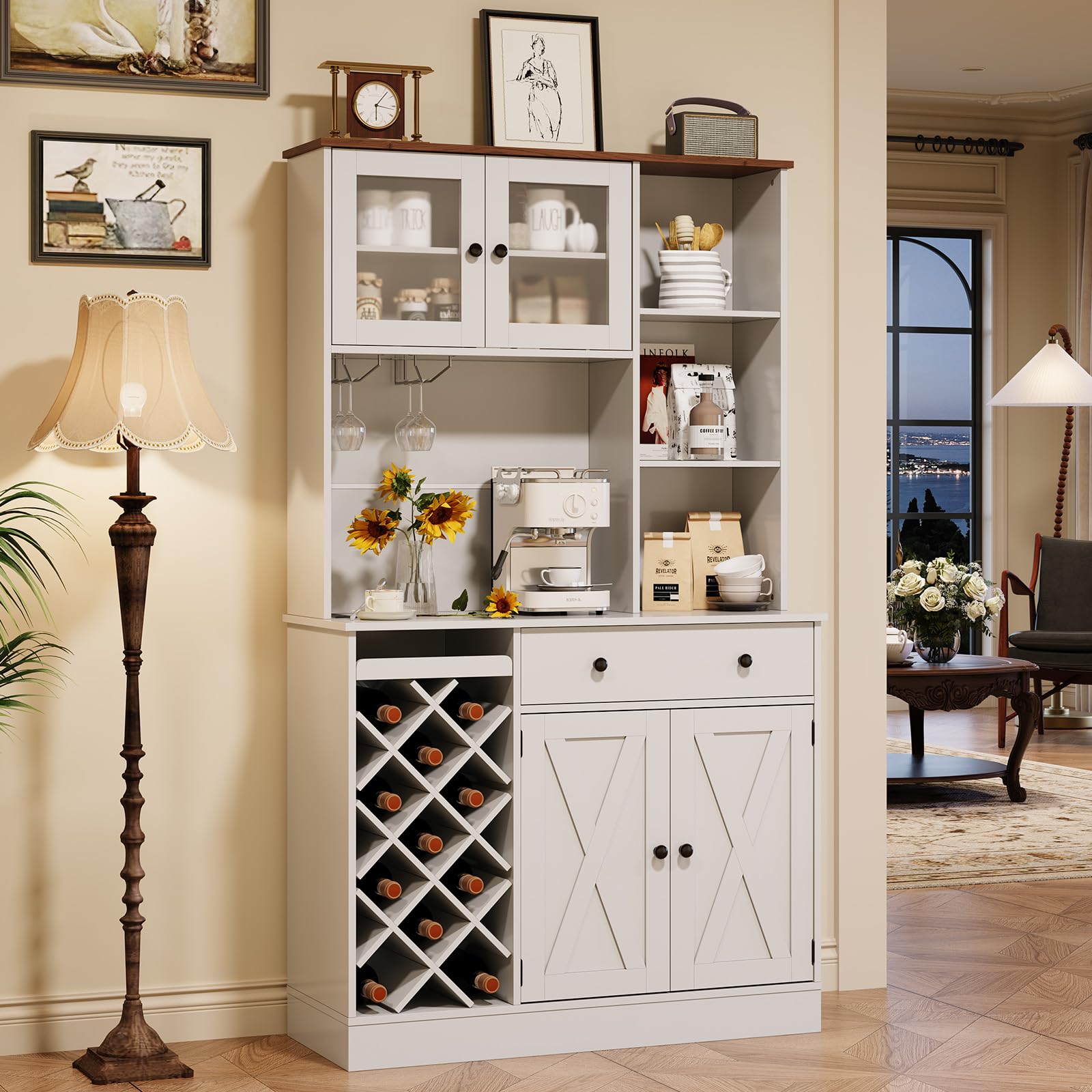 GarveeLife Tall Coffee Bar Cabinet with Wine Rack – Modern Sideboard Buffet, Barn Doors, Storage Hutch, Power Outlets, Glass Holder – for Dining Room, Kitchen, or Living Room – White + Light Walnut