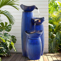 Autodaya Modern Ceramic Outdoor Water Fountain with LED Lights, 30" 3-Tier Geometric Pedestal Water Feature with Fluted Texture, Relaxing Cascading Waterfalls for Garden Lawn Patio Yard Art Decor