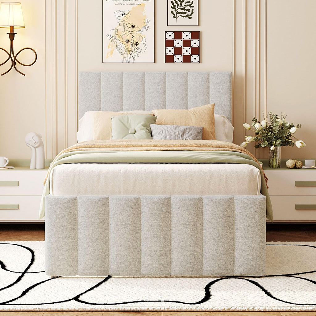 Merax Twin Size Bed Frame with Trundle and 3 Storage Drawers, Elegant Linen Upholstered Platform Bed with Stripe Headboard for Bedroom, Small Spaces, Solid Wood Slats Support, Easy Assembly, Beige
