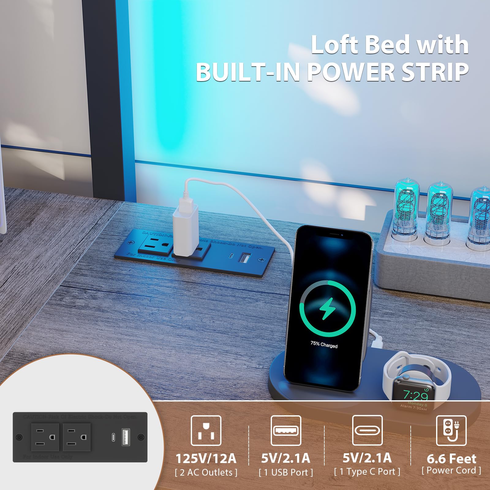 Dnxao Twin Loft Bed with Desk and 5 Storage Drawers,Loft Bed Twin Size with LED Lights and Charging Station, Metal Bunk Bed Frame with Ladder, Clothes Rail,Noise Free,Oak Gray