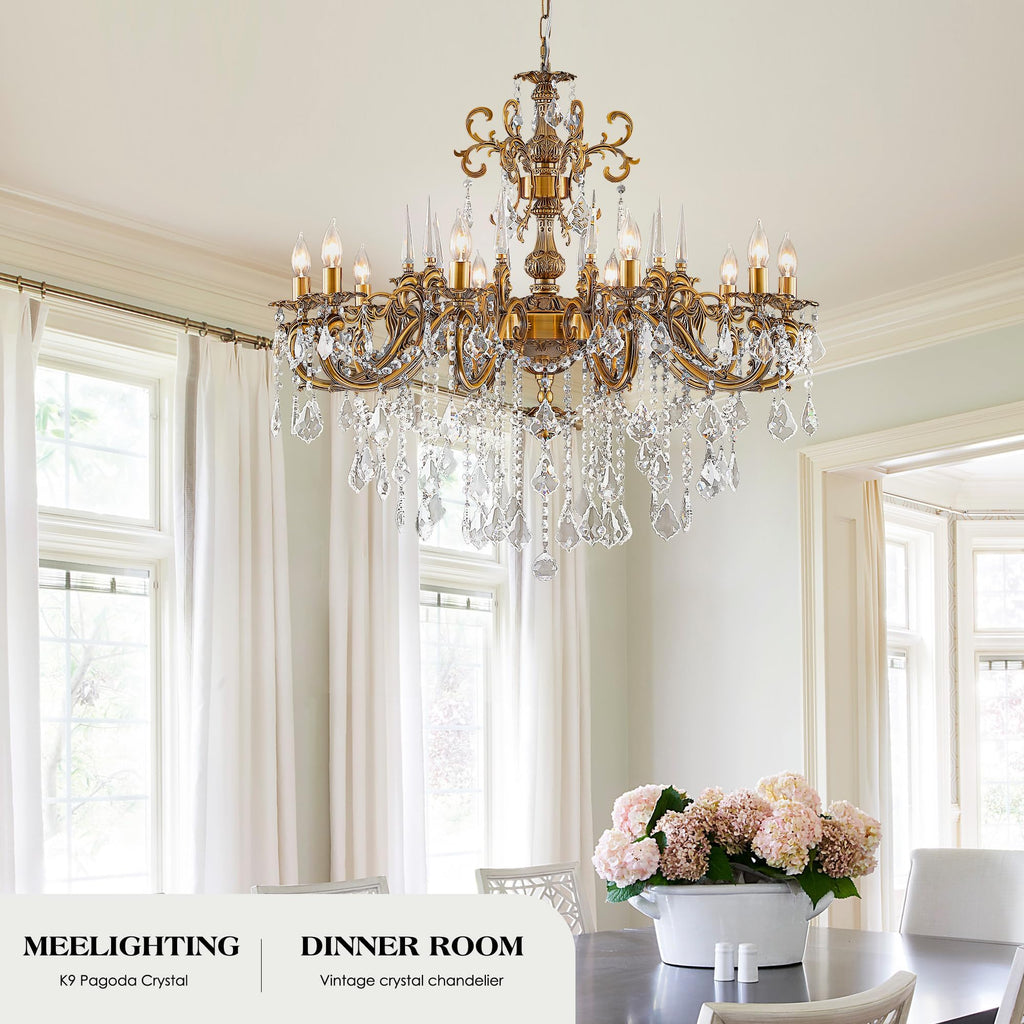 MEELIGHTING Gold Crystal Chandelier, 10-Light Antique Bronze Candle Pendant Ceiling Light Fixture with K9 Crystals for Dining and Living Room, Bedroom, Kitchen Island, Hallway, Dia 36"