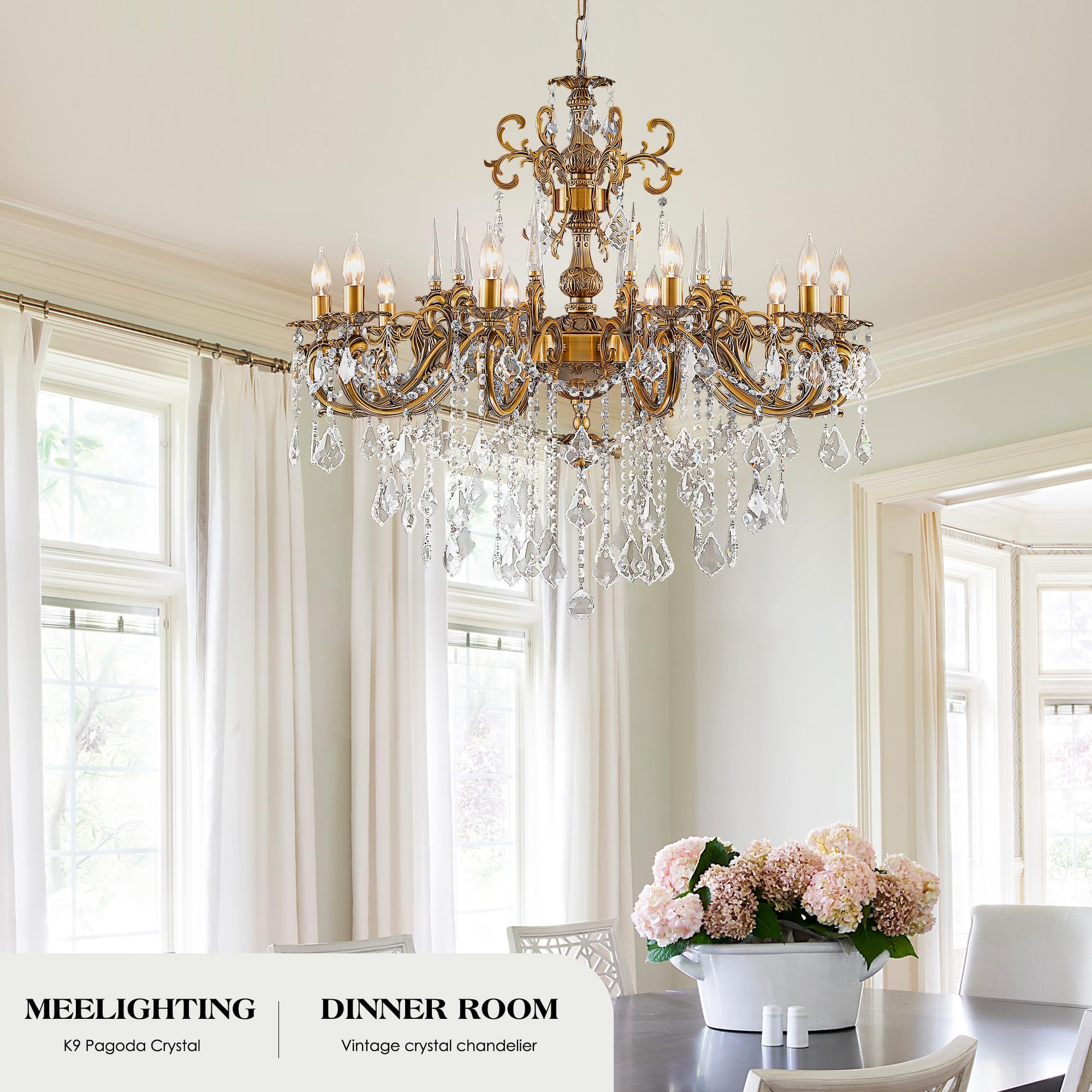 MEELIGHTING Gold Crystal Chandelier, 10-Light Antique Bronze Candle Pendant Ceiling Light Fixture with K9 Crystals for Dining and Living Room, Bedroom, Kitchen Island, Hallway, Dia 36"