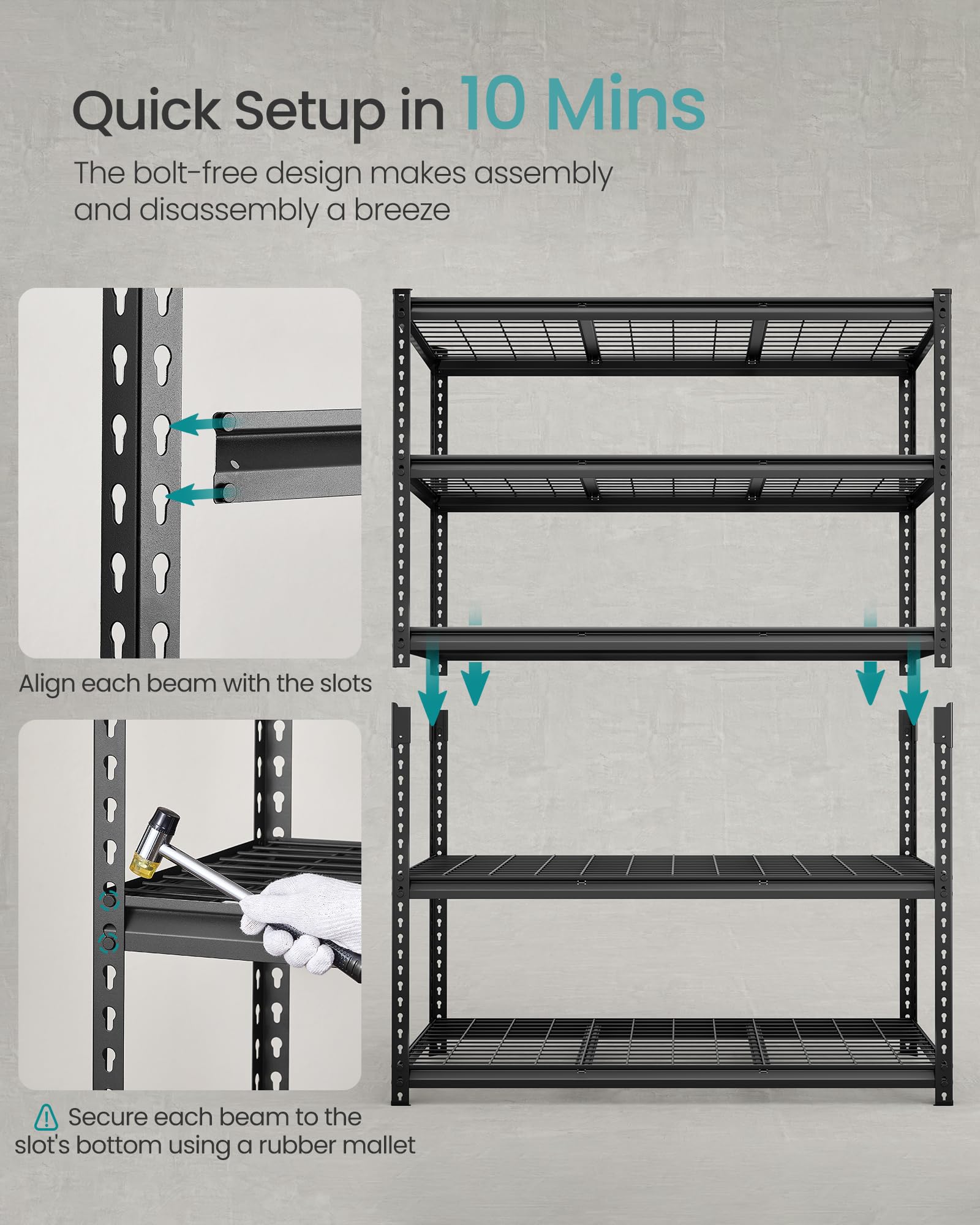 SONGMICS 5-Tier Storage Shelves, Heavy-Duty Garage Shelving, Adjustable Shelving Unit, Steel Shelf, Boltless Assembly, for Garage, 2,200 lb Load, 24 x 96 x 72 Inches, Ink Black UGLR454B02