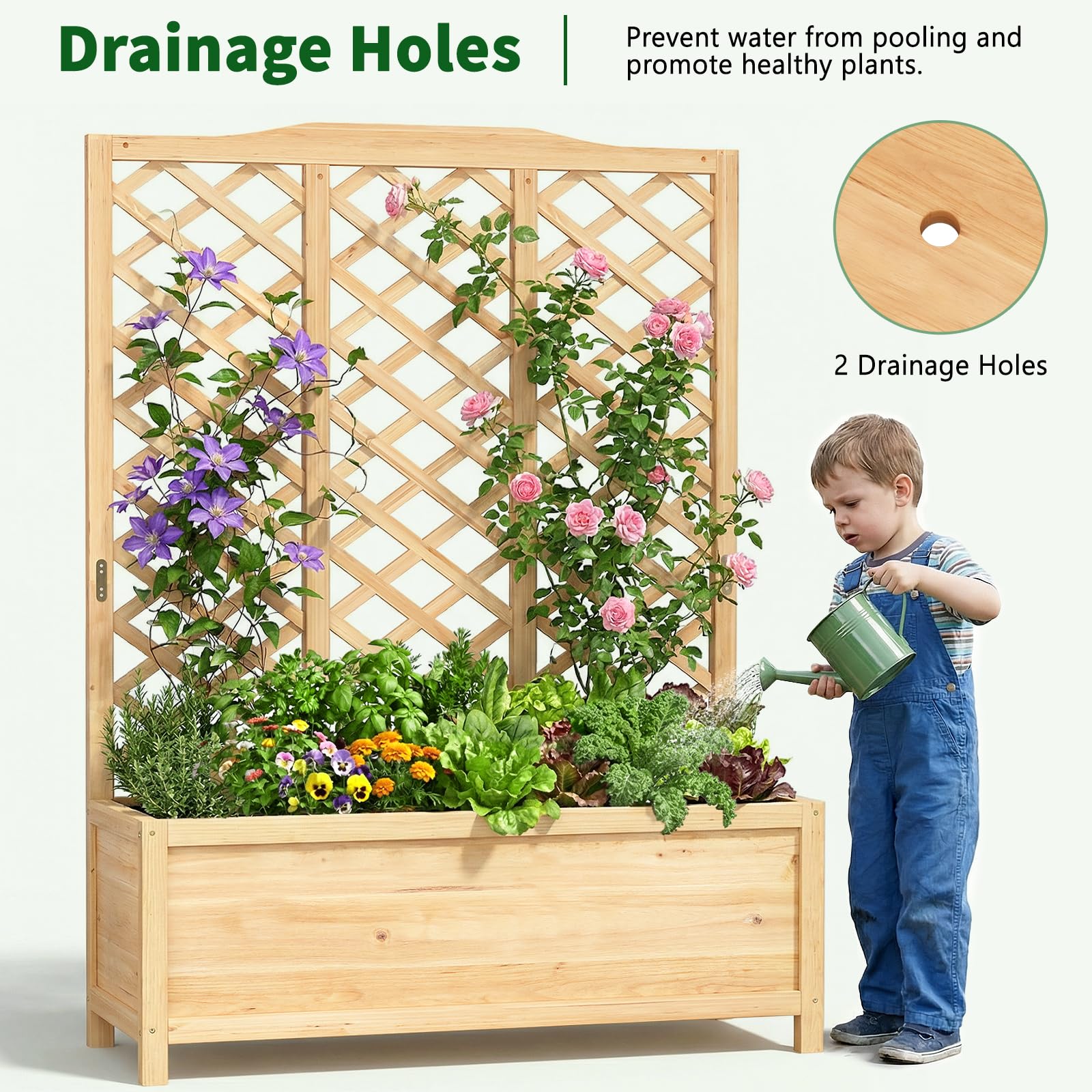 UrGROWA Wooden Raised Garden Bed with Trellis, Freestanding Planter Box with Drainage for Vines Climbing Plants Flowers Herbs, Elevated Gardening Planter for Backyard Balcony Patio