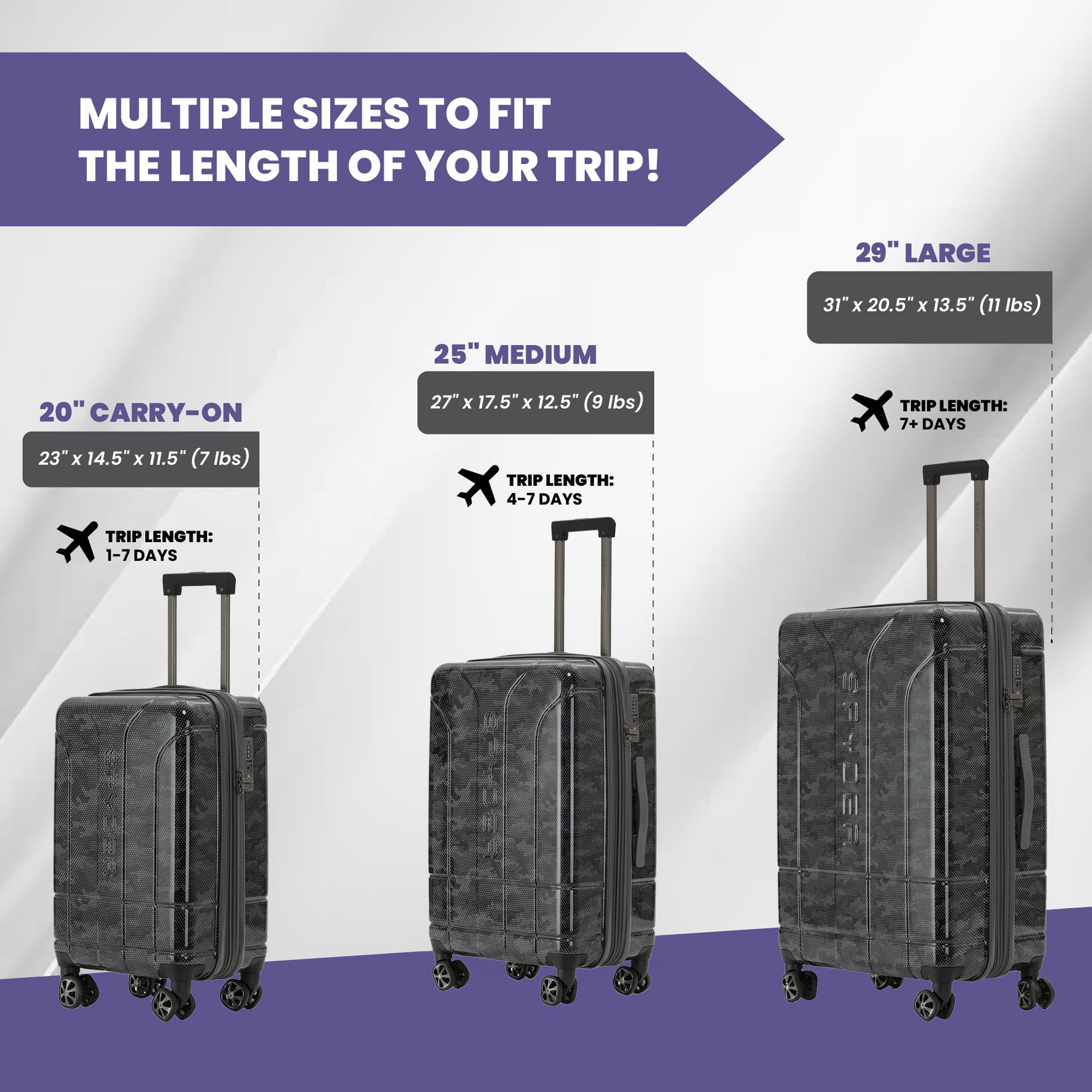 Spyder Matrix 3 Piece Luggage Set with 360° Spinner Wheels, TSA Approved Lock, (20 Inch Carry On, 25 Inch Medium Luggage, 29 Inch Large Checked), Gray/Black