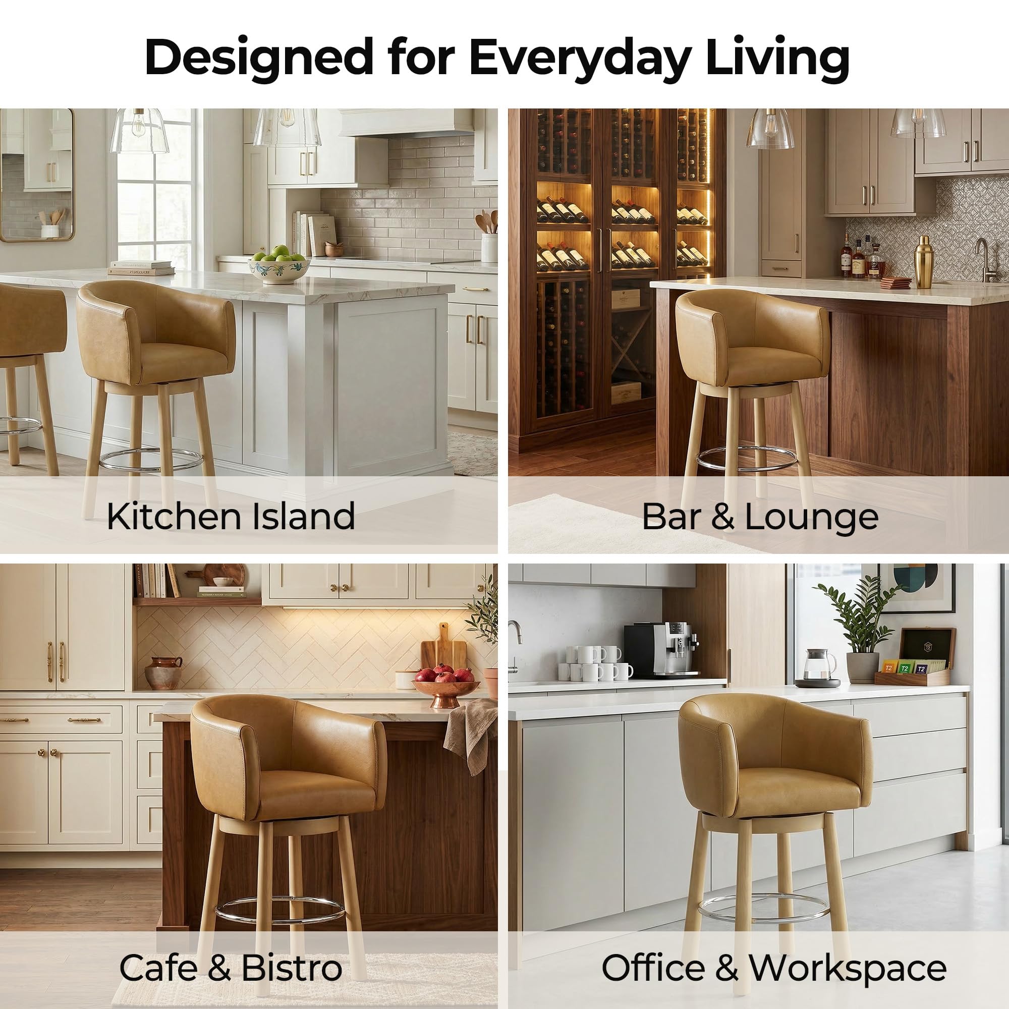 CHITA Genuine Leather Swivel Bar Stool, Modern Counter Height Bar Stools with Arms, Solid Wood Turned Legs, Upholstered Barstools for Kitchen Island, 26" Seat Height