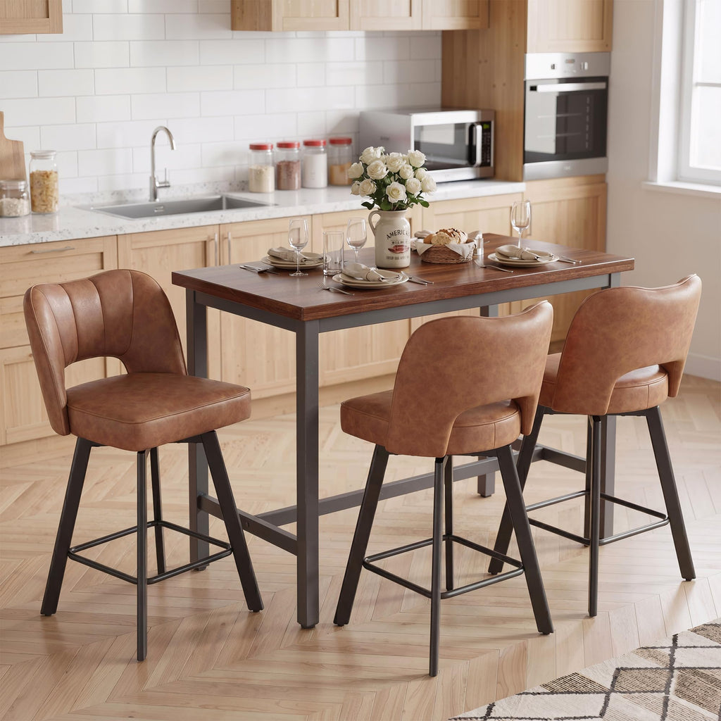 Homkdom Bar Stools Set of 3, 26 Inch Counter Height Swivel Bar Stools for Kitchen Island, Faux Leather Bar Stools with Back and Footrest, 360° Swivel, Metal Legs, 350 lbs, Cognac Brown