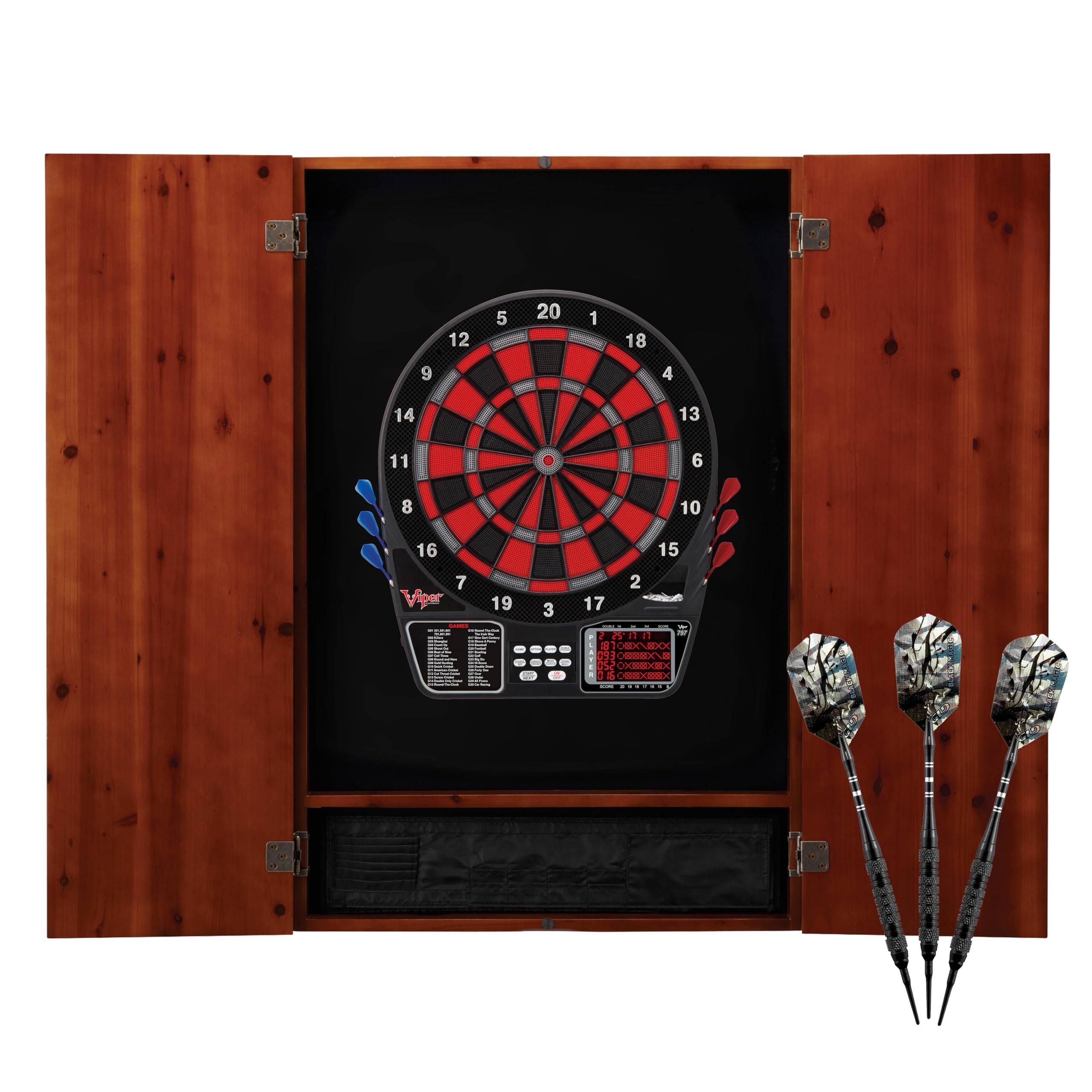 Viper by GLD Products Metropolitan Solid Wood Cabinet & Electronic Dartboard Play-Ready Bundle: Deluxe Set (797 Dartboard and Darts), Cinnamon Finish, One Size