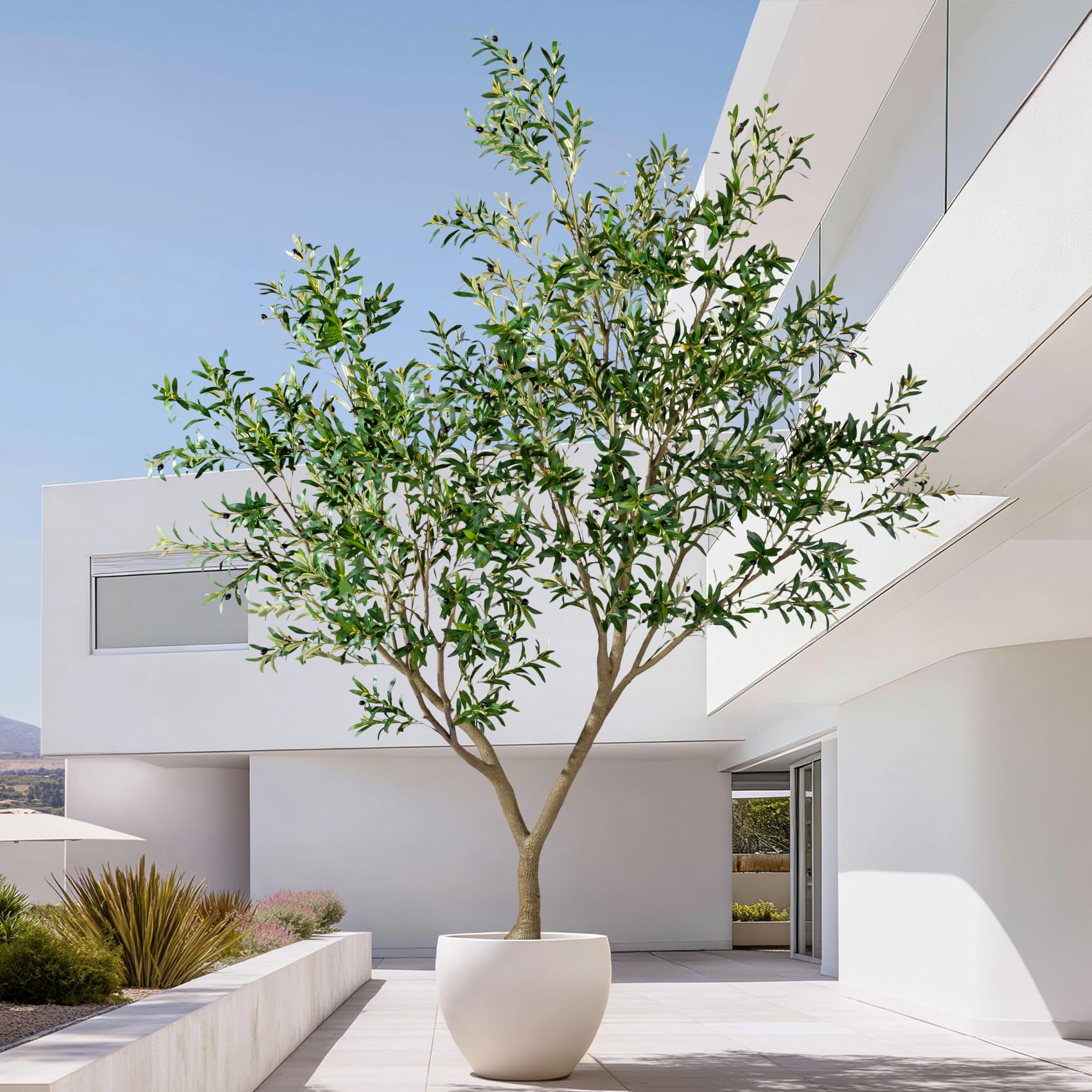 10FT Artificial Olive Tree with Realistic Leaves & Natural Trunk, Faux Silk Olive Plant in White Planter, Tall Fake Tree for Modern Home Office Living Room Entryway Corner Decor, Maintenance Free