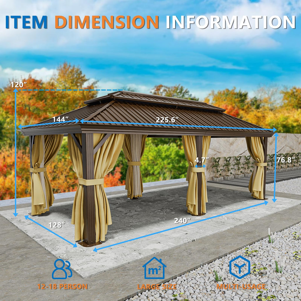 HOTEEL 12x20 Hardtop Gazebo on Clearance with Metal Roof & Drainage System, Heavy Duty Galvanized Steel Gazebo with Aluminum Frame, Privacy Curtains and Netting, for All-Weather, Brown(2026 Upgraded)