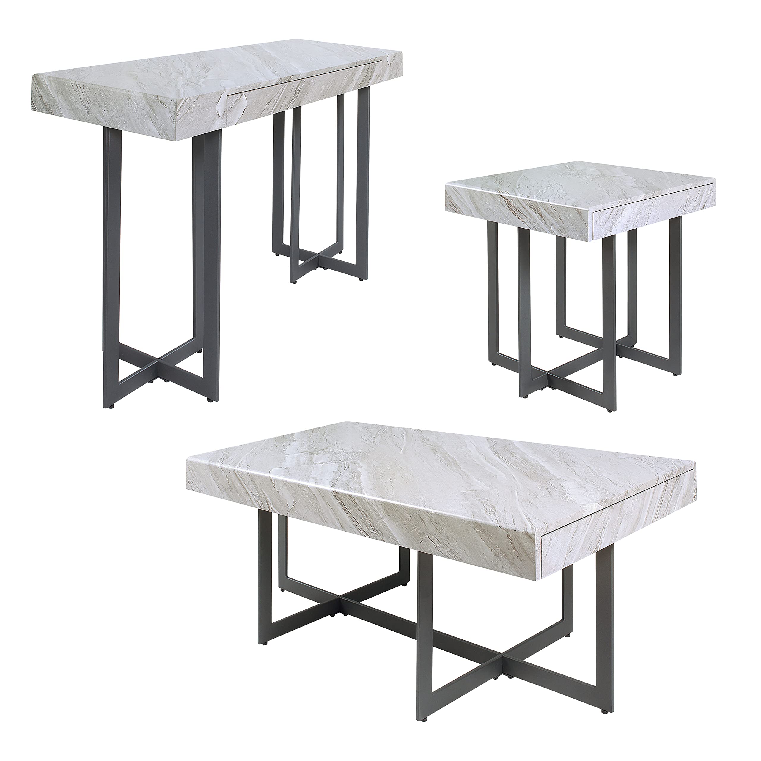 Furniture of America Willy Modern Storage Faux Marble Top 3-Piece Coffee, End and Sofa Table Set for Living Room, Gray