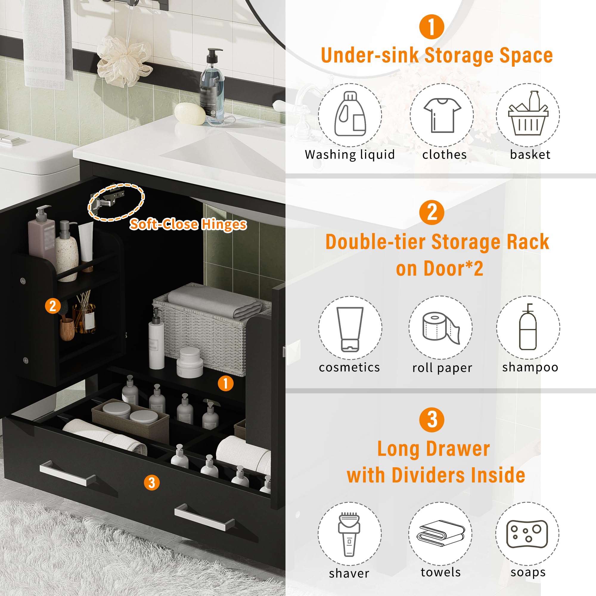 Favfurish 72" Double Bathroom Vanity with Ceramic Sink,Free Standing Single Basin Vanity Set w/Storage Shelves & Divided Drawer,Soft-Close Doors,Bathroom Storage Solution,Mirror Not Included,Black