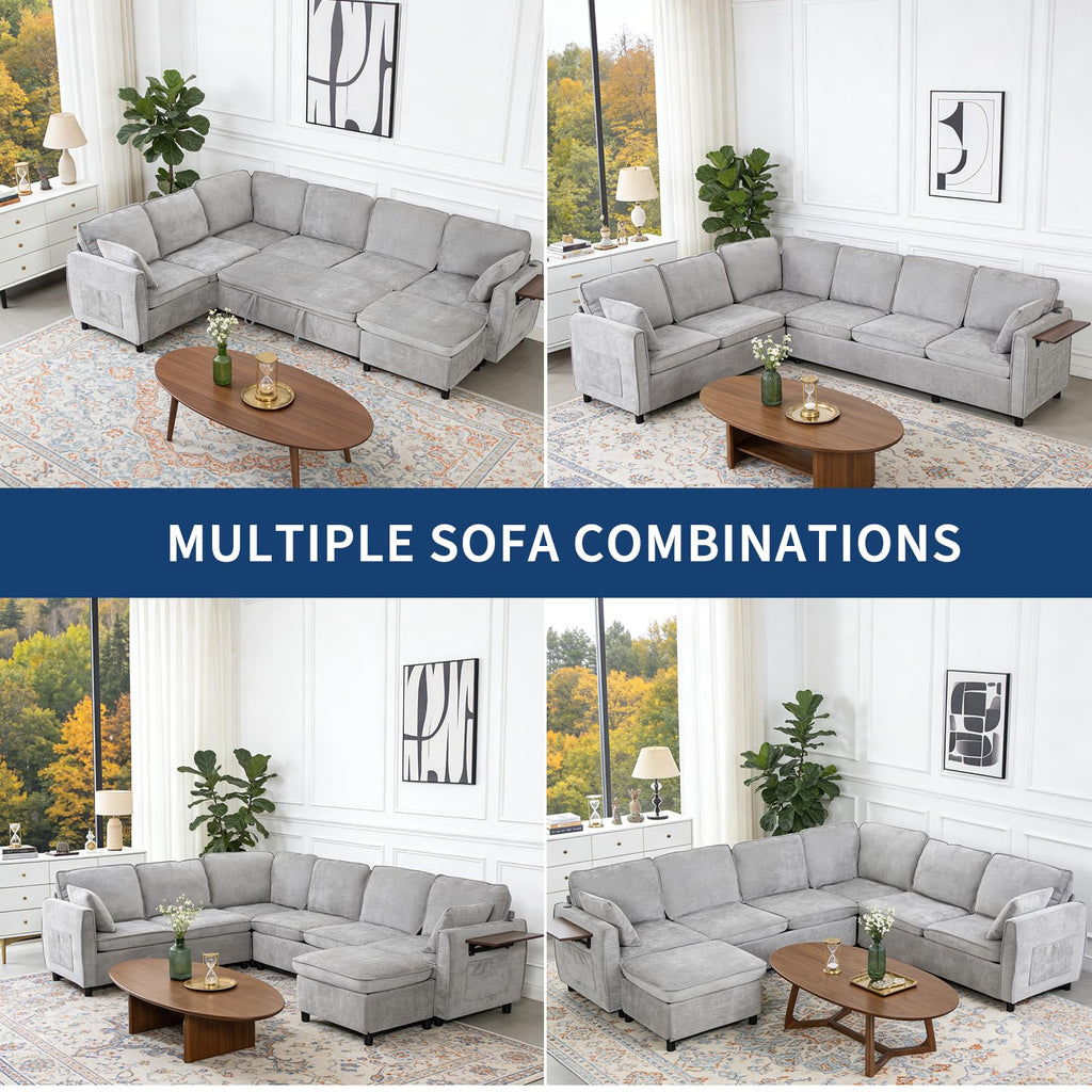 Modular Sectional Couch with Pull Out Sofa Bed, 116" U Shaped Modular Cloud Sofa Set with Ottoman, Charging Port & Foldable Side Table, 7 Seater Comfy Chenille Sleeper Couch for Living Room, Grey