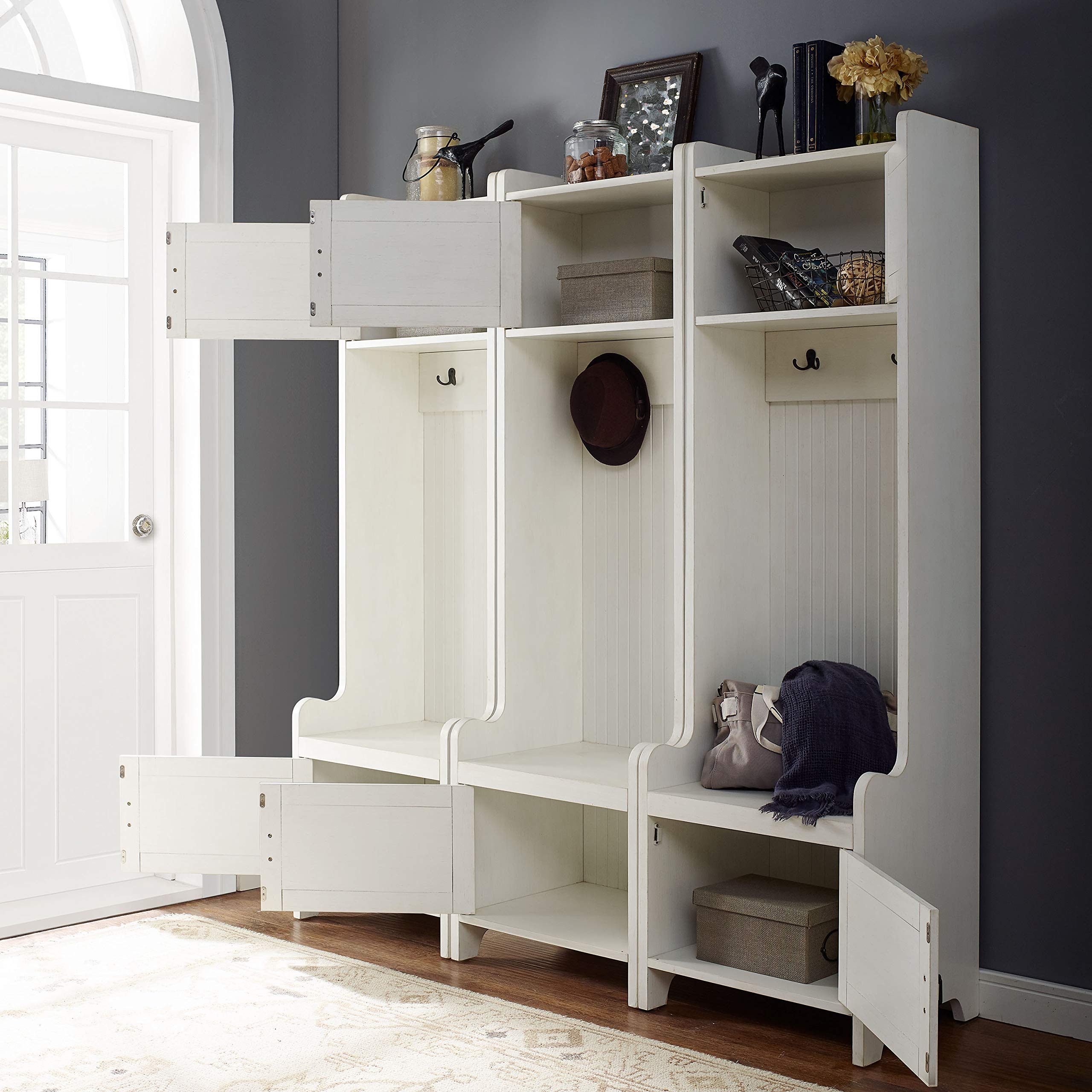 Crosley Furniture Fremont 3-Piece Hall Tree Entryway Set with Storage Cabinets and Coat Rack Hooks, Distressed White