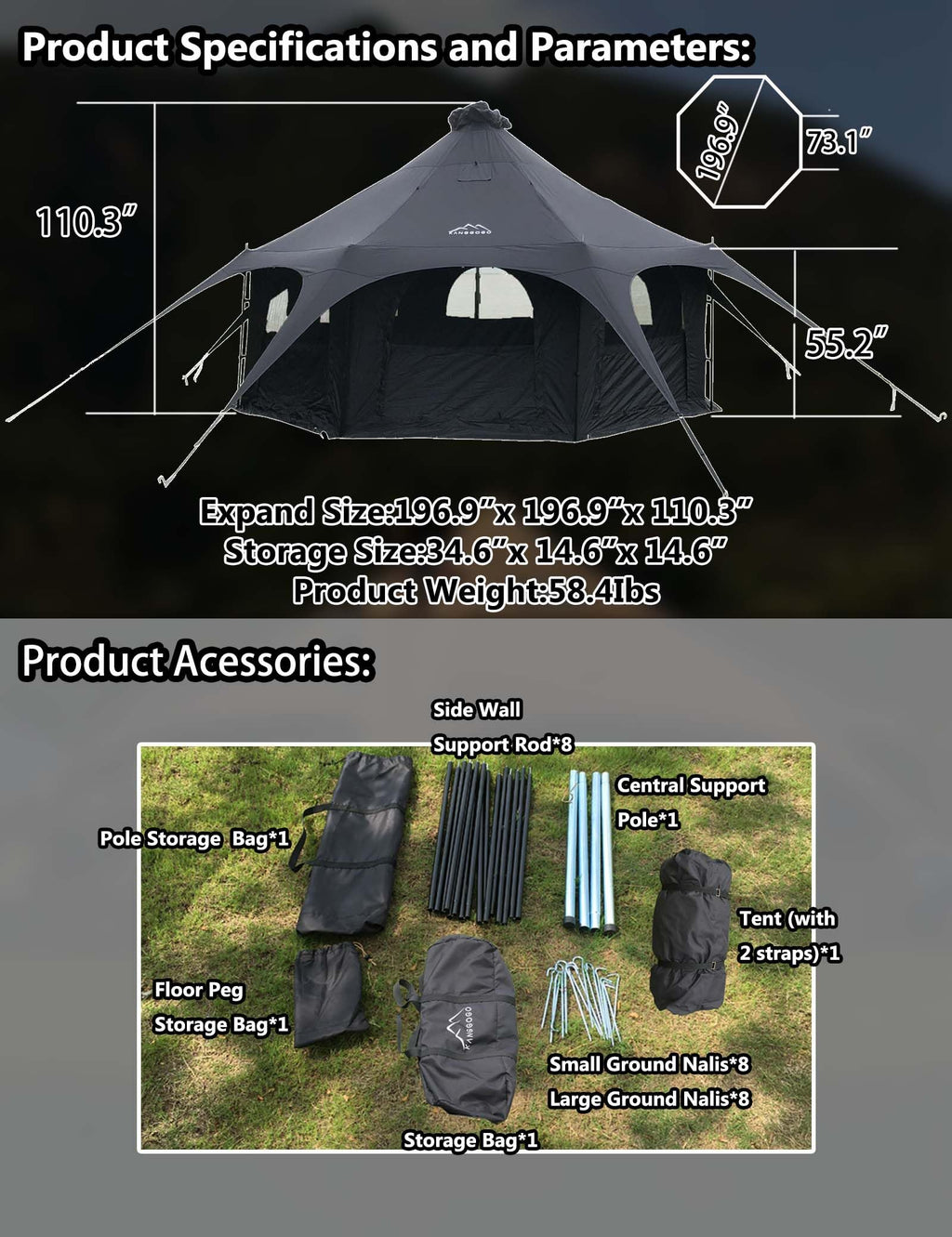 Kanggogo 5M Cotton Canvas Tent Bell - Yurts with Stove Jack，16.4ft*High9.2ft ，Breathable and Windproof,Glamping for 6/8/10Person Family Camping (8-10 People)