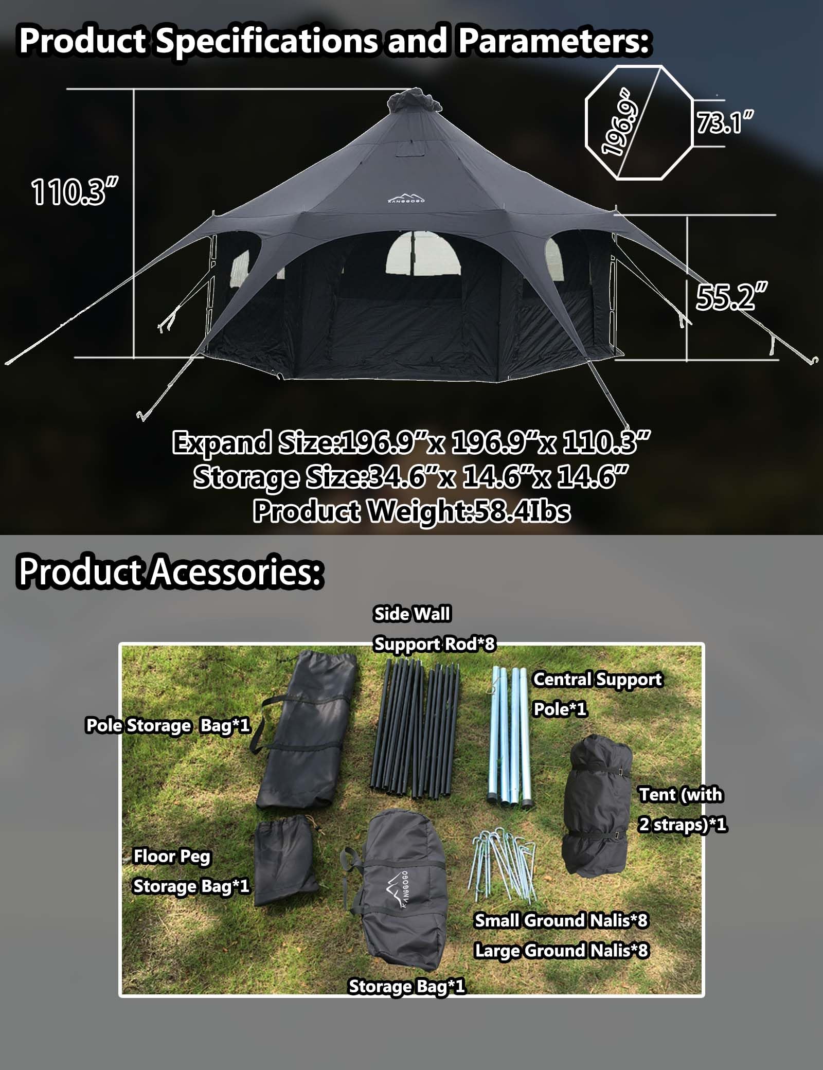 Kanggogo 5M Cotton Canvas Tent Bell - Yurts with Stove Jack，16.4ft*High9.2ft ，Breathable and Windproof,Glamping for 6/8/10Person Family Camping (8-10 People)