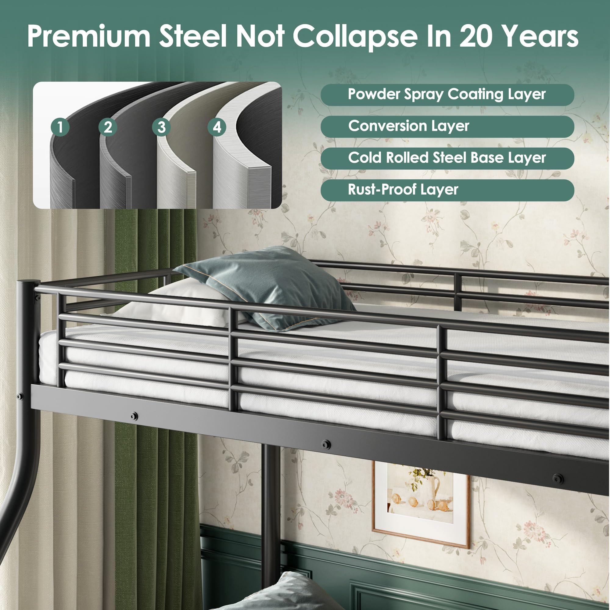 Cyranture Twin XL Over Queen Bunk Bed Size, Heavy Duty Bunk Beds with Bottom Space & Guardrail Metal Bunk Bed Frame for Adults Dorm Bedroom Guest Room, No Box Spring Needed（Upgrate Black）