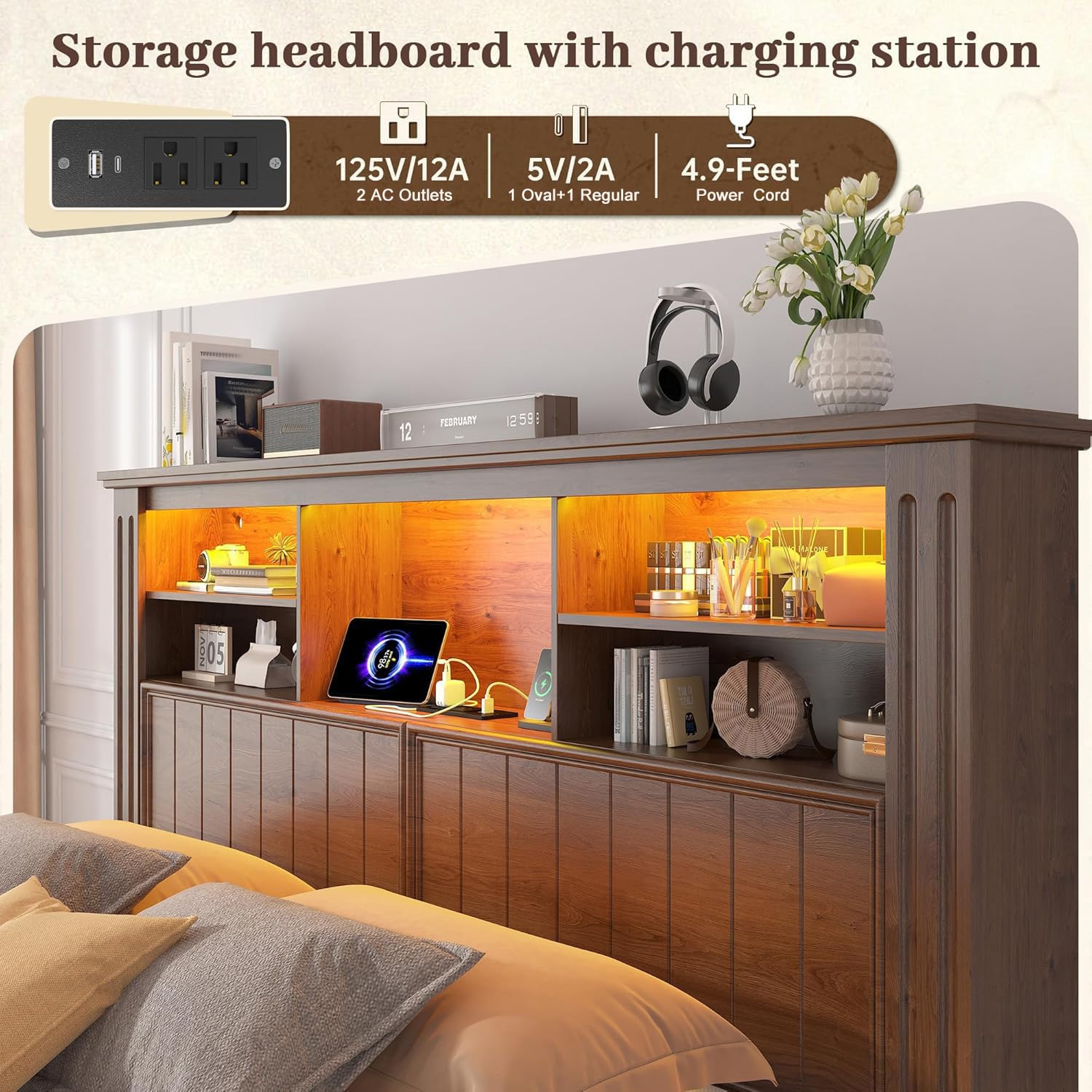EnHomee King Size Bed Frame with 4 Storage Drawers and Headboard,LED Lights & Charging Ports,No Box Spring Needed for Big House,Noise-Free,Wooden,Brown