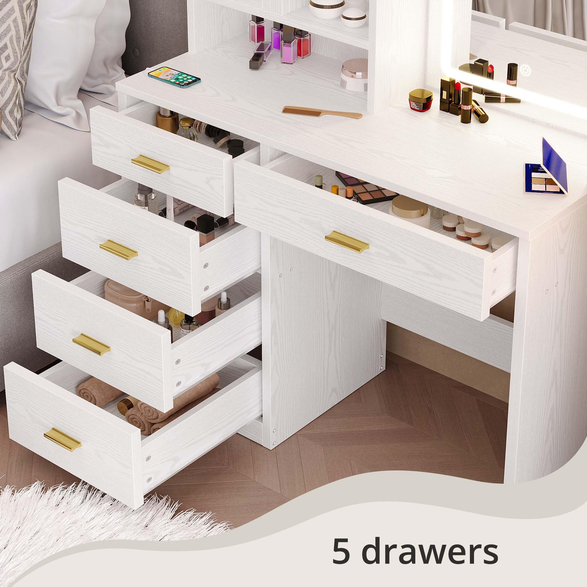IRONCK Vanity Desk with Lighted Mirror and 5 Drawers and Cabinet Shelves, 74.4" Height Makeup Table Set with Stool, Large Storage and Space Saving, White