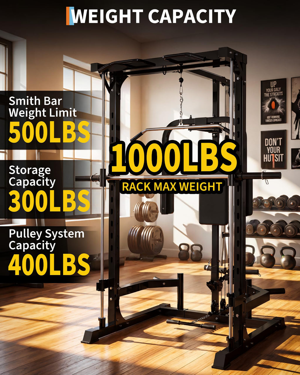 Garvee Smith Machine Home Gym, 1000 LB Power Cage Squat Rack with LAT Pulldown System, Chest Station & More Training Attachment, Multi-Functional Fitness Equipment for Full-Body Training, Black
