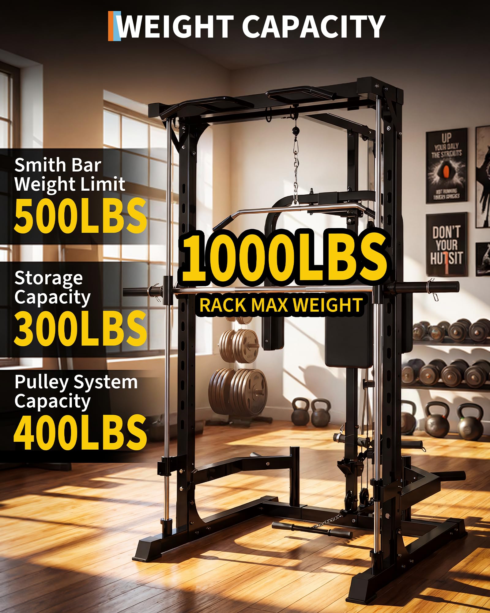 Garvee Smith Machine Home Gym, 1000 LB Power Cage Squat Rack with LAT Pulldown System, Chest Station & More Training Attachment, Multi-Functional Fitness Equipment for Full-Body Training, Black