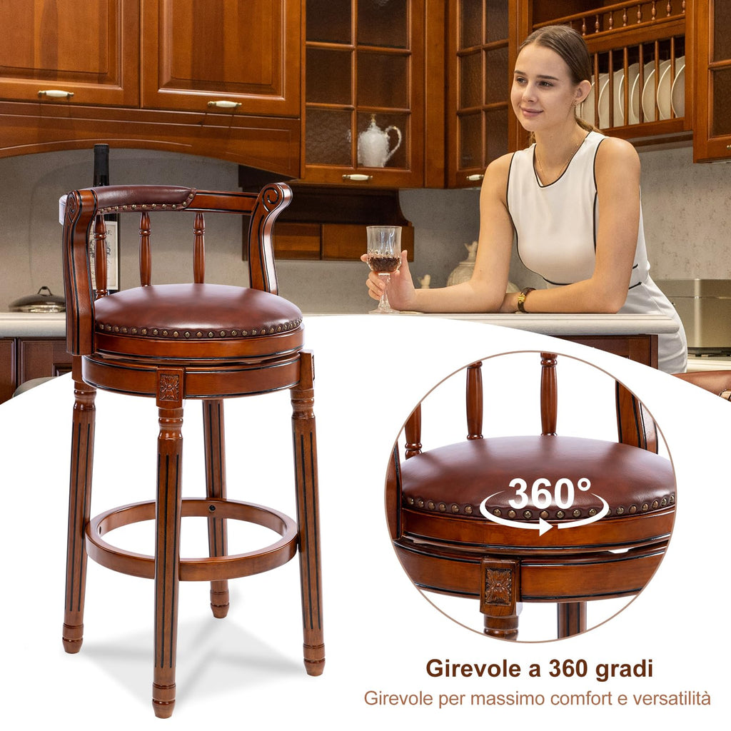 AULIFE Cow top Leather Wooden Bar Stools, 360 Degree Swivel Bar Height Chair with Backs for Home Kitchen Counter, Morden Chair Barstools (Brown 1pc, Bar Height-Seat Height 29.5”)