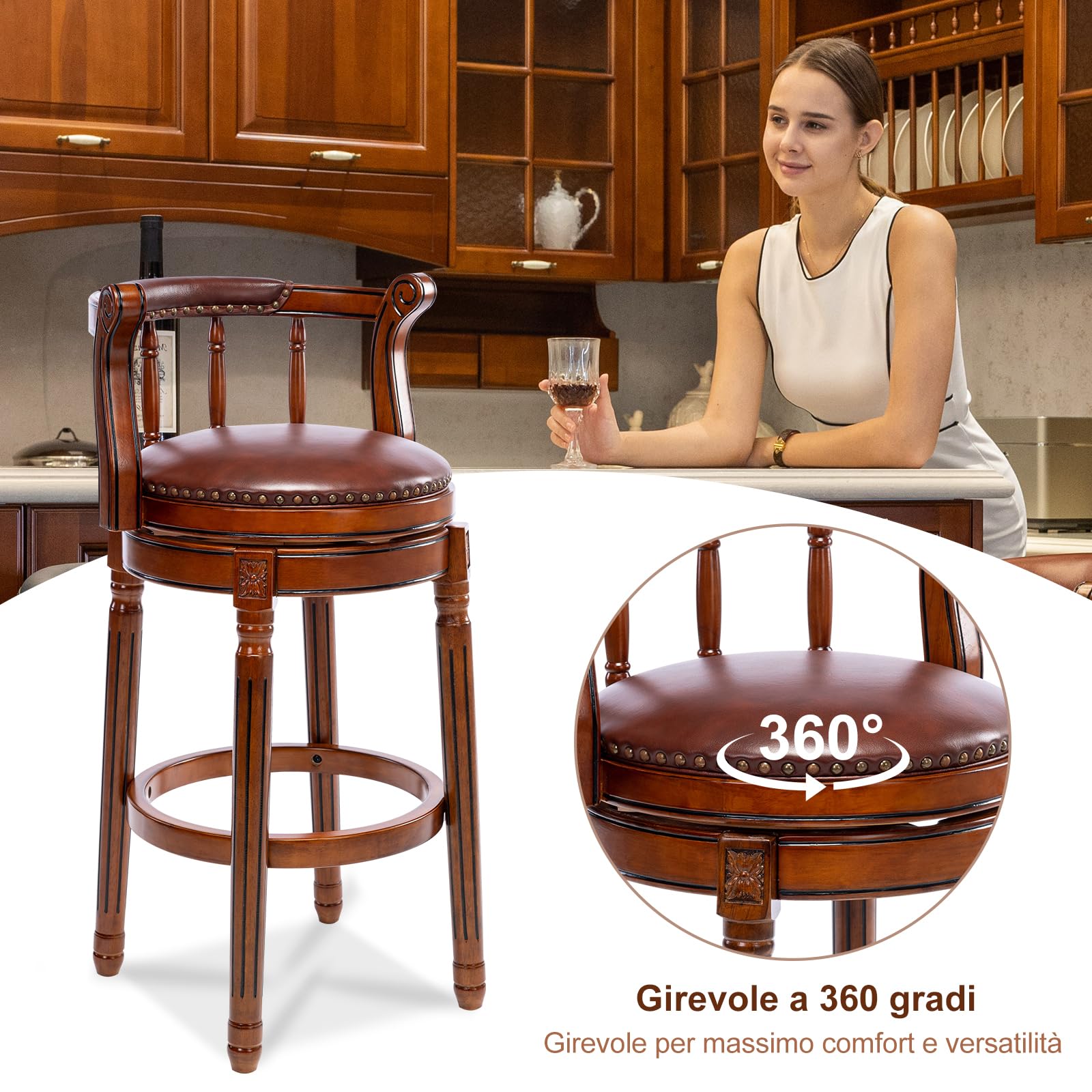 AULIFE Cow top Leather Wooden Bar Stools, 360 Degree Swivel Bar Height Chair with Backs for Home Kitchen Counter, Morden Chair Barstools (Brown 1pc, Bar Height-Seat Height 29.5”)