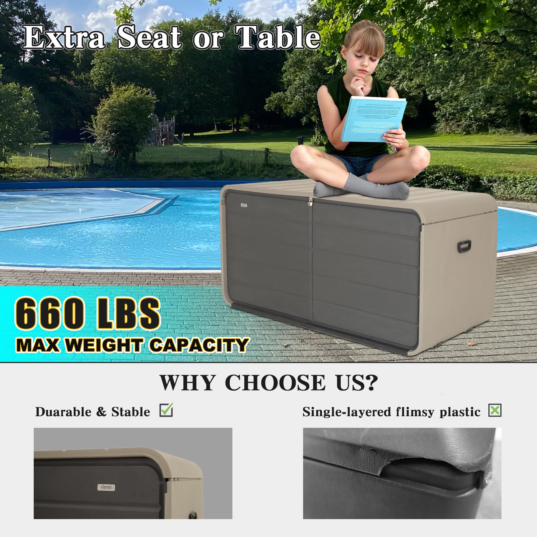 Domi 260 Gallon Resin Deck Box, Waterproof & UV-Resistant Outdoor Large Storage Box Lockable Storage Bin for Patio Cushions Pool Supplies Garden Tools and Delivery Storage