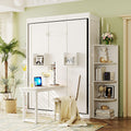 Rotating Full Murphy Bed with Hidden Wall Cabinet, Dual 3-Tier Side Shelves, Convertible Desk, Extra Storage Racks, Space-Saving Multifunctional Wall Bed for Home Office &Small Rooms, White