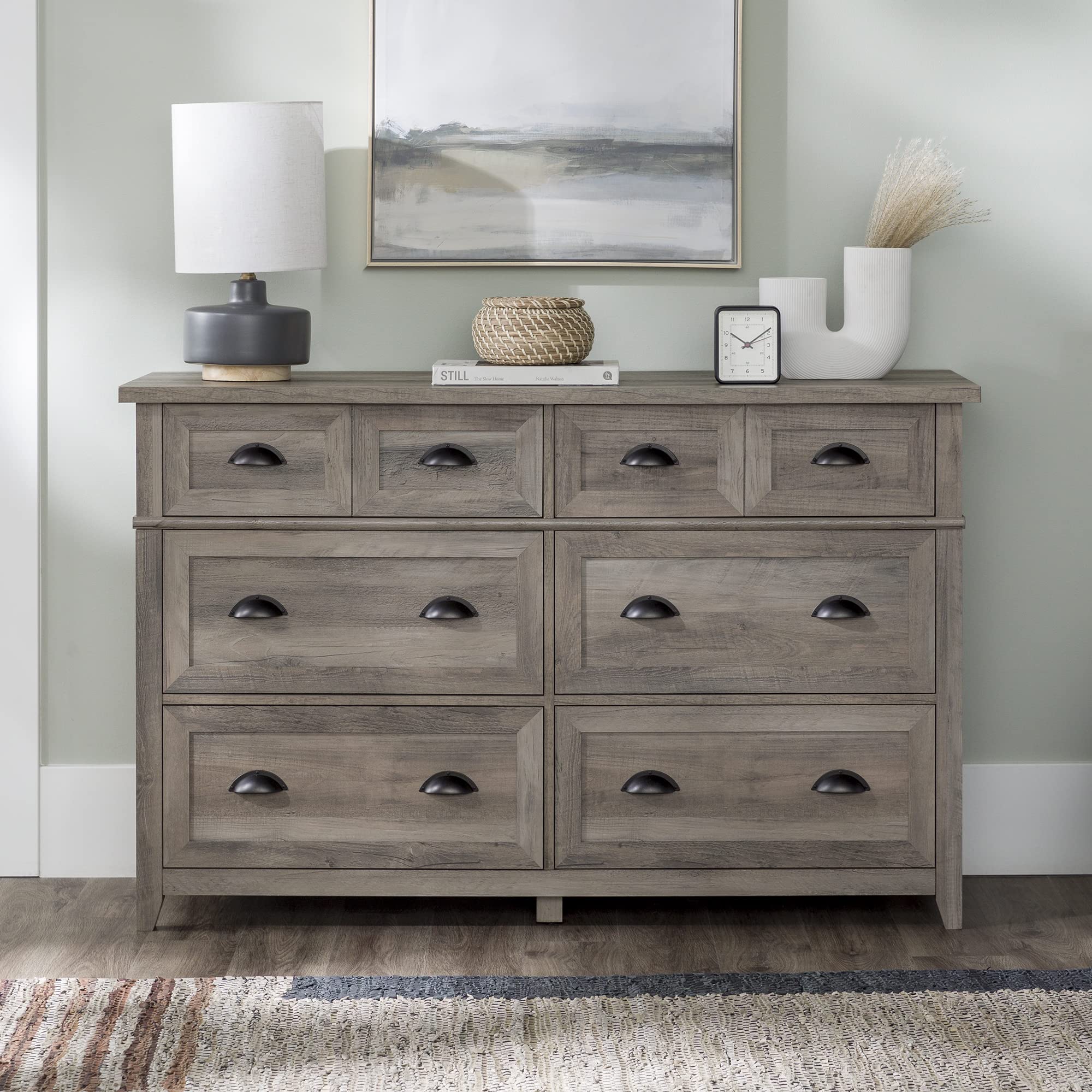 Walker Edison Modern Farmhouse 6-Drawer Framed Dresser with Half-Moon Handles, 52 Inch, Grey Wash