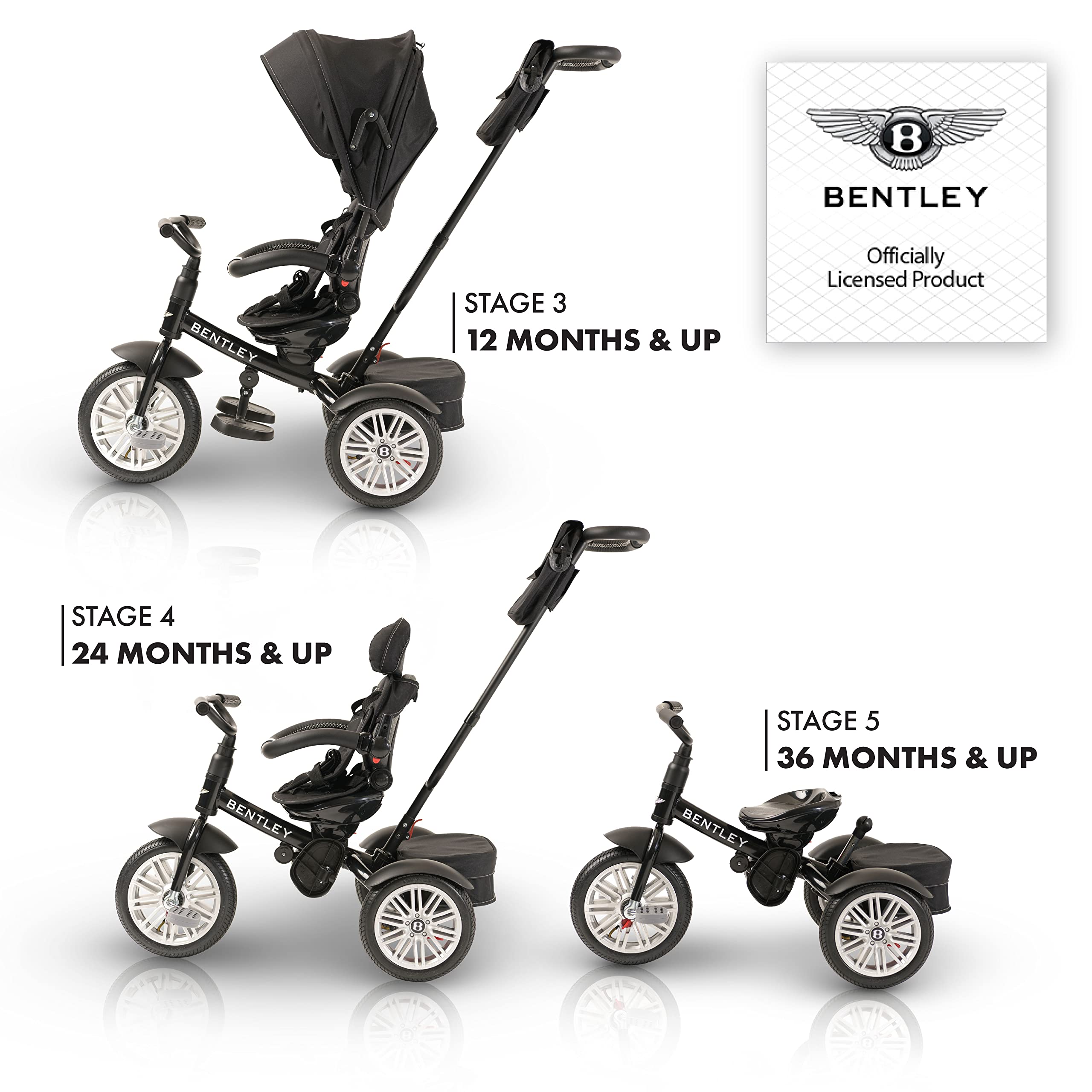 Bentley 6-in-1 Baby Stroller & Toddler Tricycle – Officially Licensed Luxury Kids Bike, Convertible Travel Strollers & Kid Trike with Air Wheels, Canopy & Safety Features (6m-5y+ | Onyx Black )
