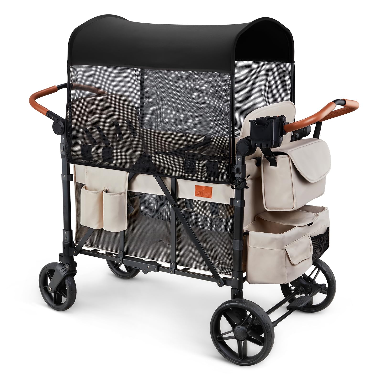 ZTDM Wagon Stroller for 4 Kids, All-Terrain Wagon for Toddler with Canopy, Parent Organizer, Shoulder Bag, Adjustable Handlebar, Phone Holder, High Seat & 5 Point Harness, Ultimate Quad (Beige)