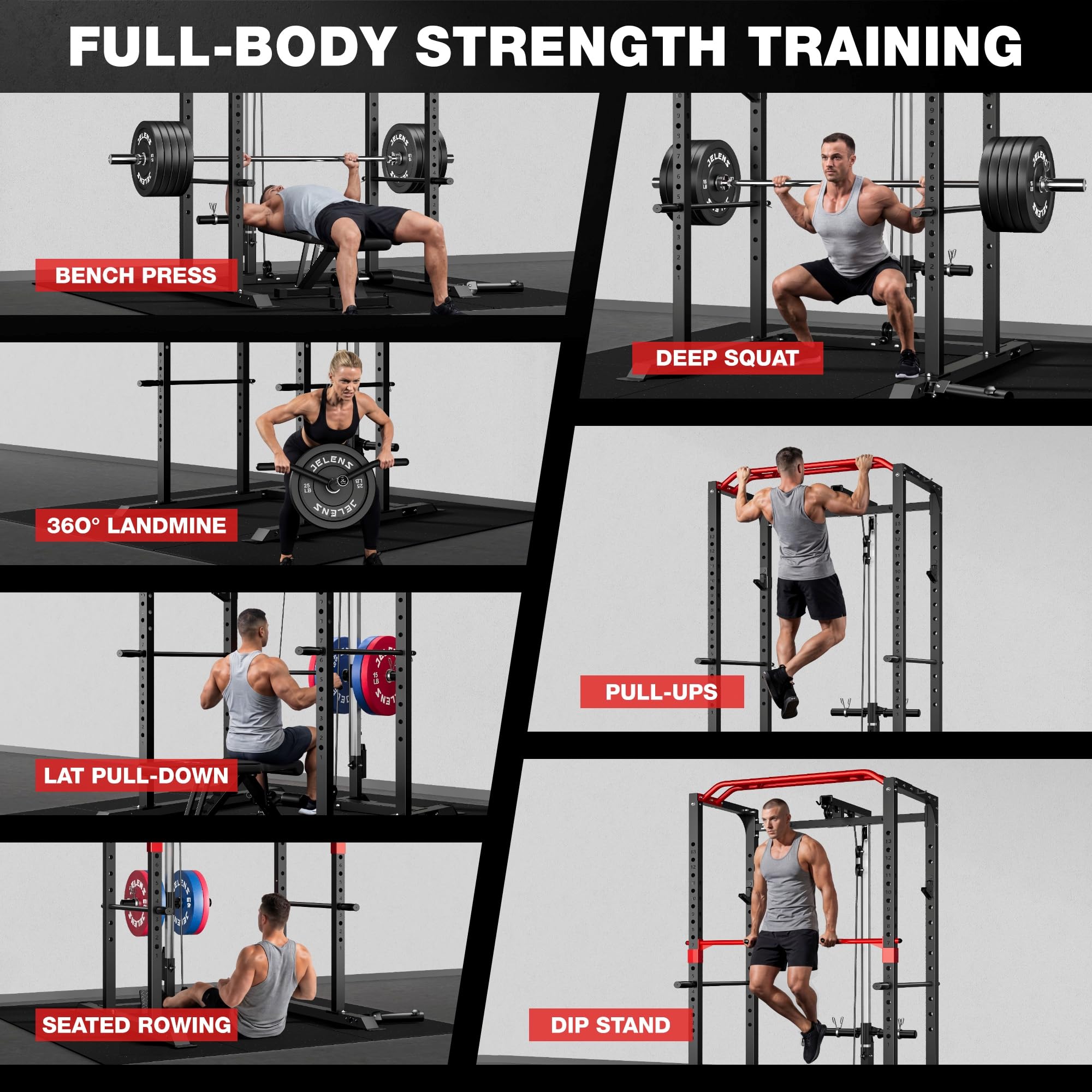 JELENS Power Cage, 2000LBS Multi-Function S11 Power Rack with LAT Pulldown, Squat Rack with Adjustable Pulley System and More Training Attachments, Weight Workout (Home Gym Package)
