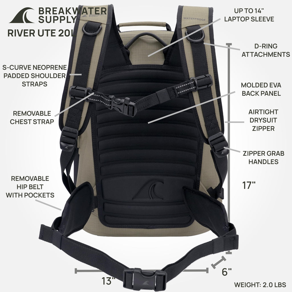 Breakwater Supply™ River Ute Waterproof IP68 Hunting Backpack, Floating TPU Submersible Dry Bag with Padded Hip Belt and Airtight Zippers | 20L (River Ute 20L CORDURA Safari Tan)