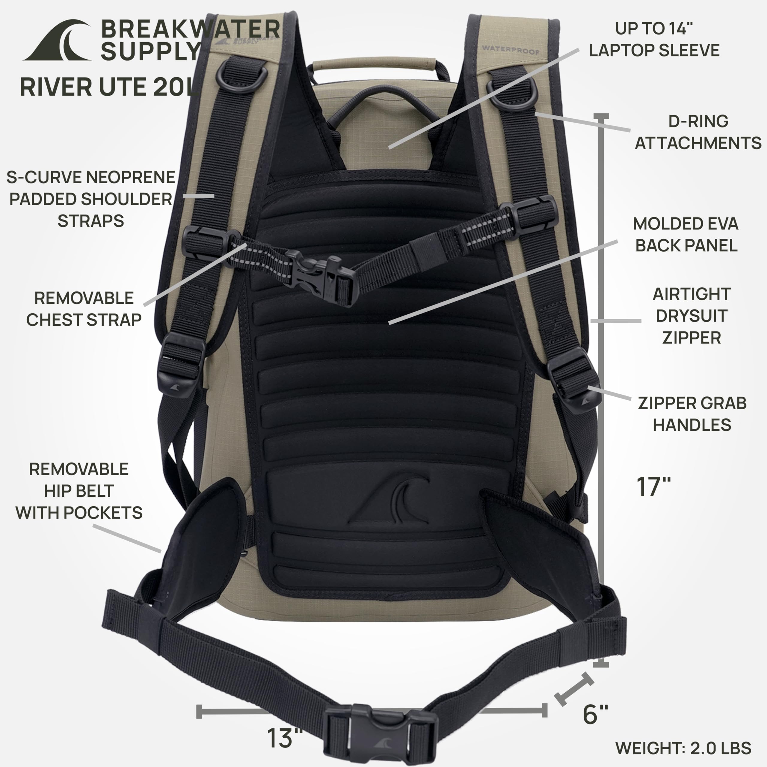 Breakwater Supply™ River Ute Waterproof IP68 Hunting Backpack, Floating TPU Submersible Dry Bag with Padded Hip Belt and Airtight Zippers | 20L (River Ute 20L CORDURA Safari Tan)