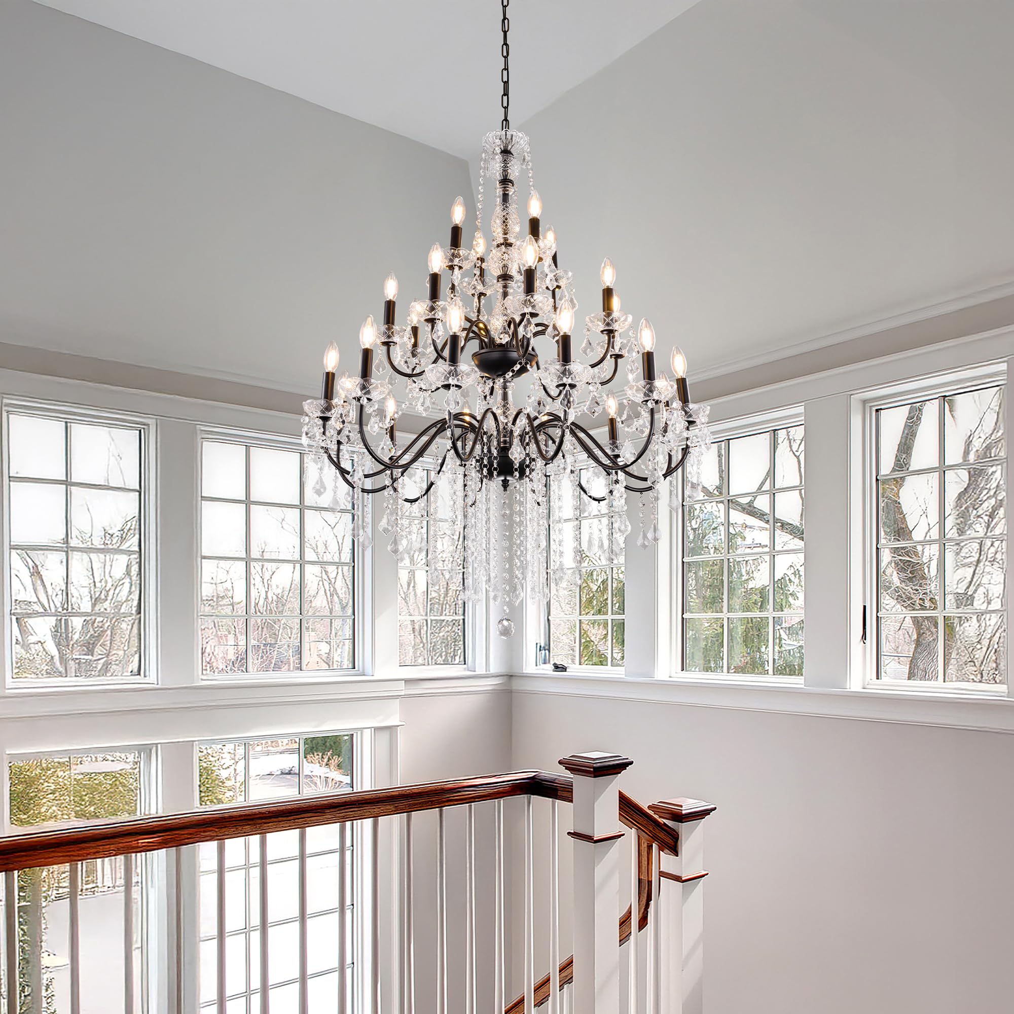 Wellmet Black Chandelier Light Fixture, Luxury Maria Theresa Crystal Chandeliers for High Ceiling Foyer, 24 Lights Hanging Pendant Light for Living Room EntryWay Hall Staircase Large 35.66" (Black)