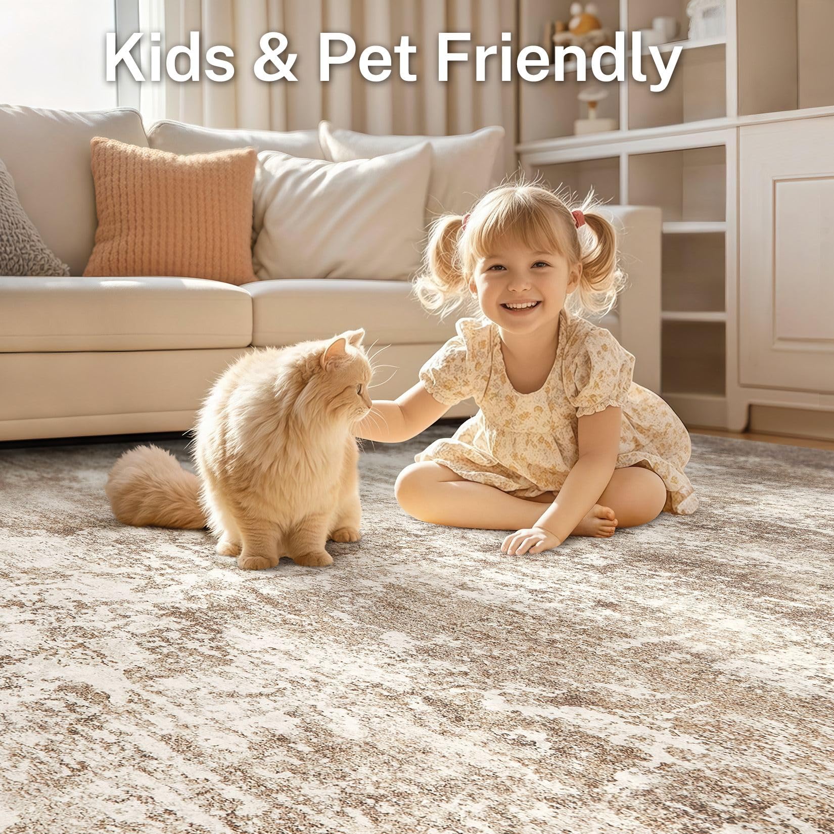 Micgeek Area Rug Living Room - 12X15 Abstract Washable Large Soft Foldable Non Slip Rug Neutral Modern Low Pile Carpet for Bedroom Nursery Dining Room Farmhouse Home Office Indoor - Brown