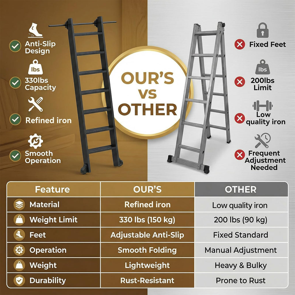 96" Rolling Library Metal Step Ladder, 8-Step Portable 330lb Heavy Duty Black Movable Ladder, 4FT Sliding Hardware Track Kit Bottom Wheel Included, for Kitchen, Loft, Warehouses and Bookstore