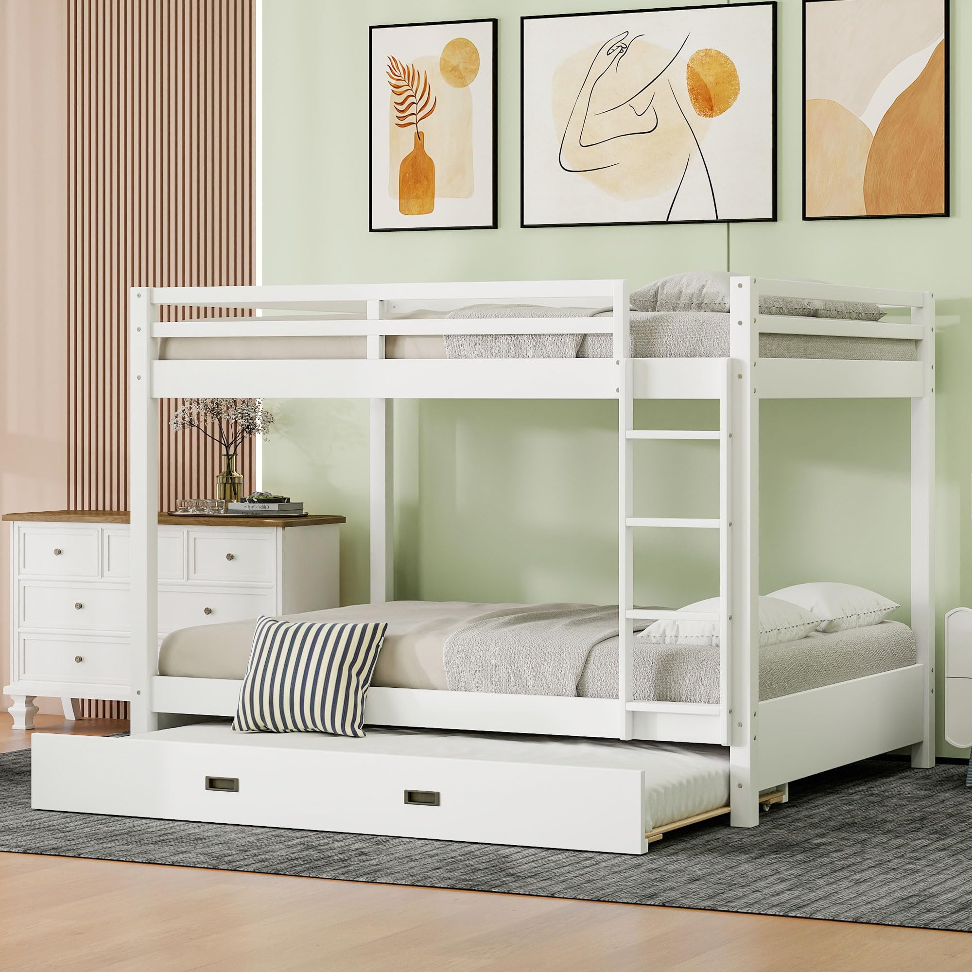 Merax Modern Queen Over Queen Size Wood Bunk Bed with Ladder and Twin XL Trundle, No Box Spring Required, Space-Saving, White
