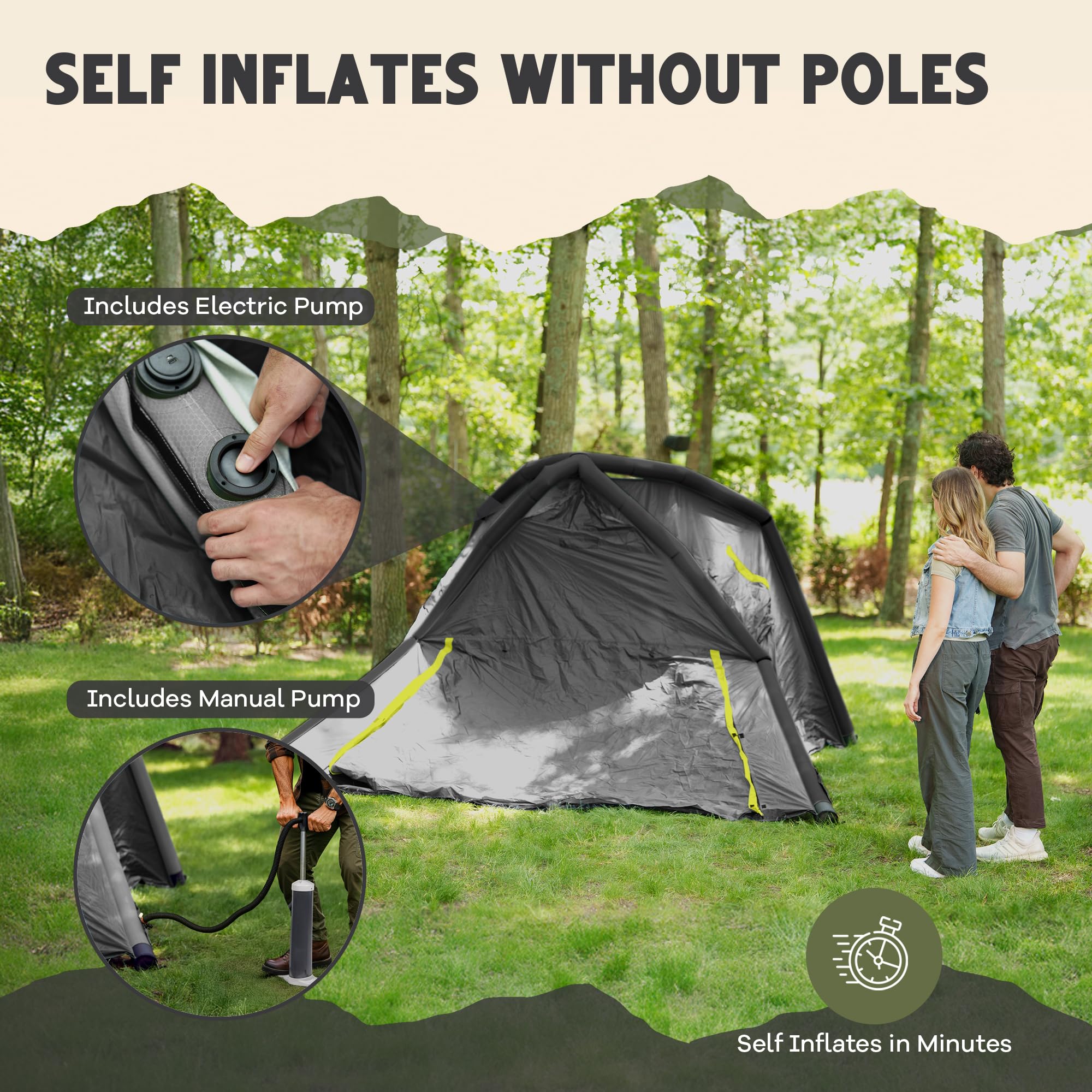 Oaktiv Inflatable Tents for Camping - CloudCamp Glamping Tent for 6 People Waterproof Oxford Fabric(210D), Quick Setup Air Tent with Manual & Battery Pump, UV Protection, 4-Season Inflatable Tent