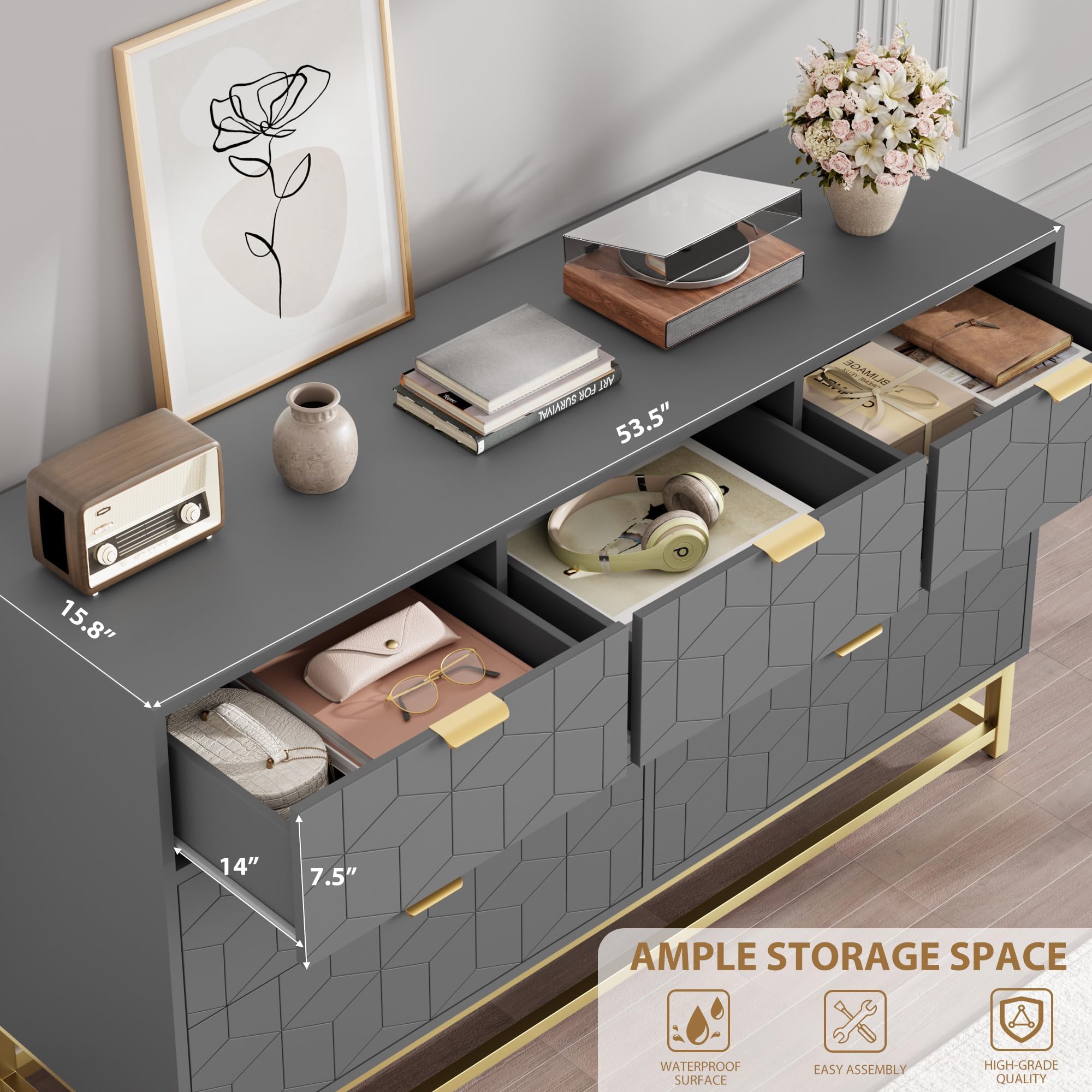 Dresser for Bedroom, 53.5" Wide Dresser Organizer, 7 Drawer with Golden Metal Handle and Legs, Modern Chest of Drawers for Closet, Hallway, Living Room, Entryway, Grey