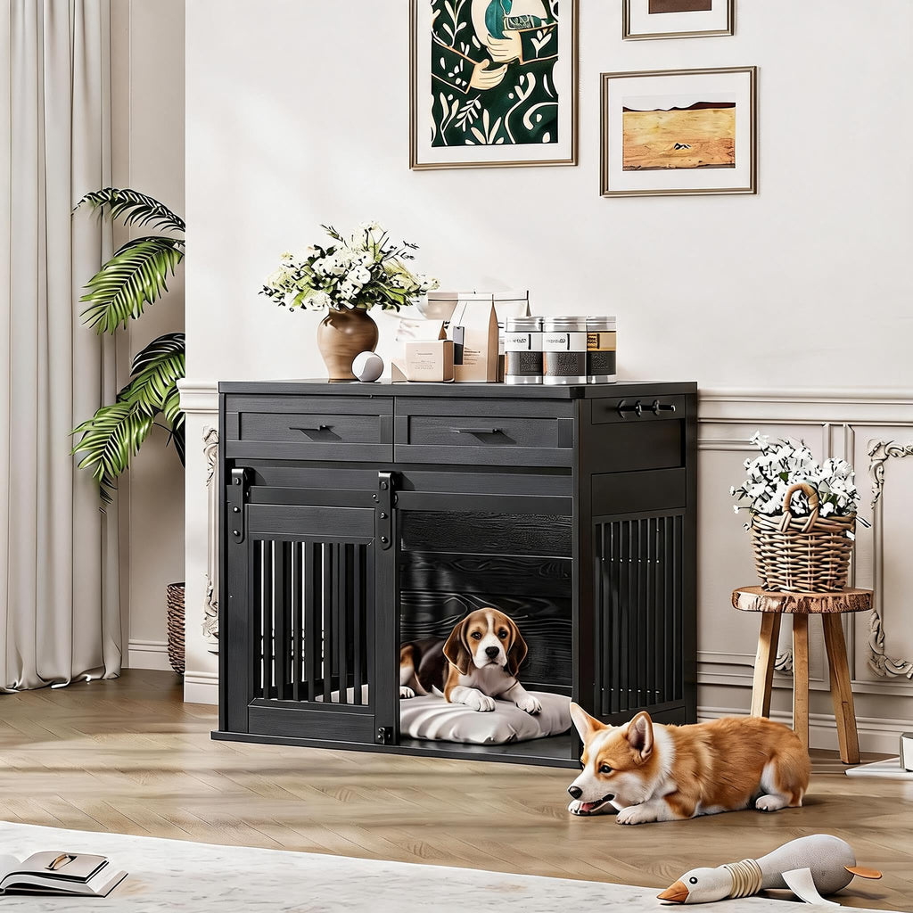 44.5''Large Dog Crate Furniture with 2 Storage Drawers,Heavy Duty Dog Kennel Indoor with Hook,Dog Kennel End Table TV Stand, Farmhouse Style Dog Crates with Sliding Barn for Medium/Large Dogs,Black