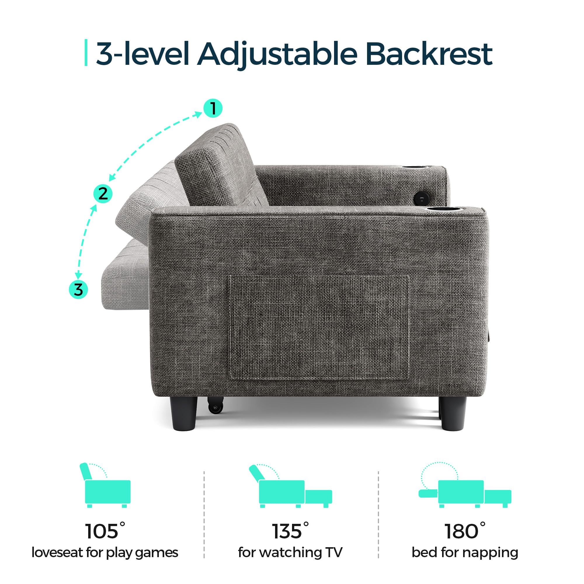 LINSY 54" Pull Out Couch with Charging Station, Small Sleeper Sofa Bed with Cup Holder, 3 in 1 Convertible Loveseat Sleeper Couch for Apartment, Dorm Room, Bedroom and Small Space, Gray