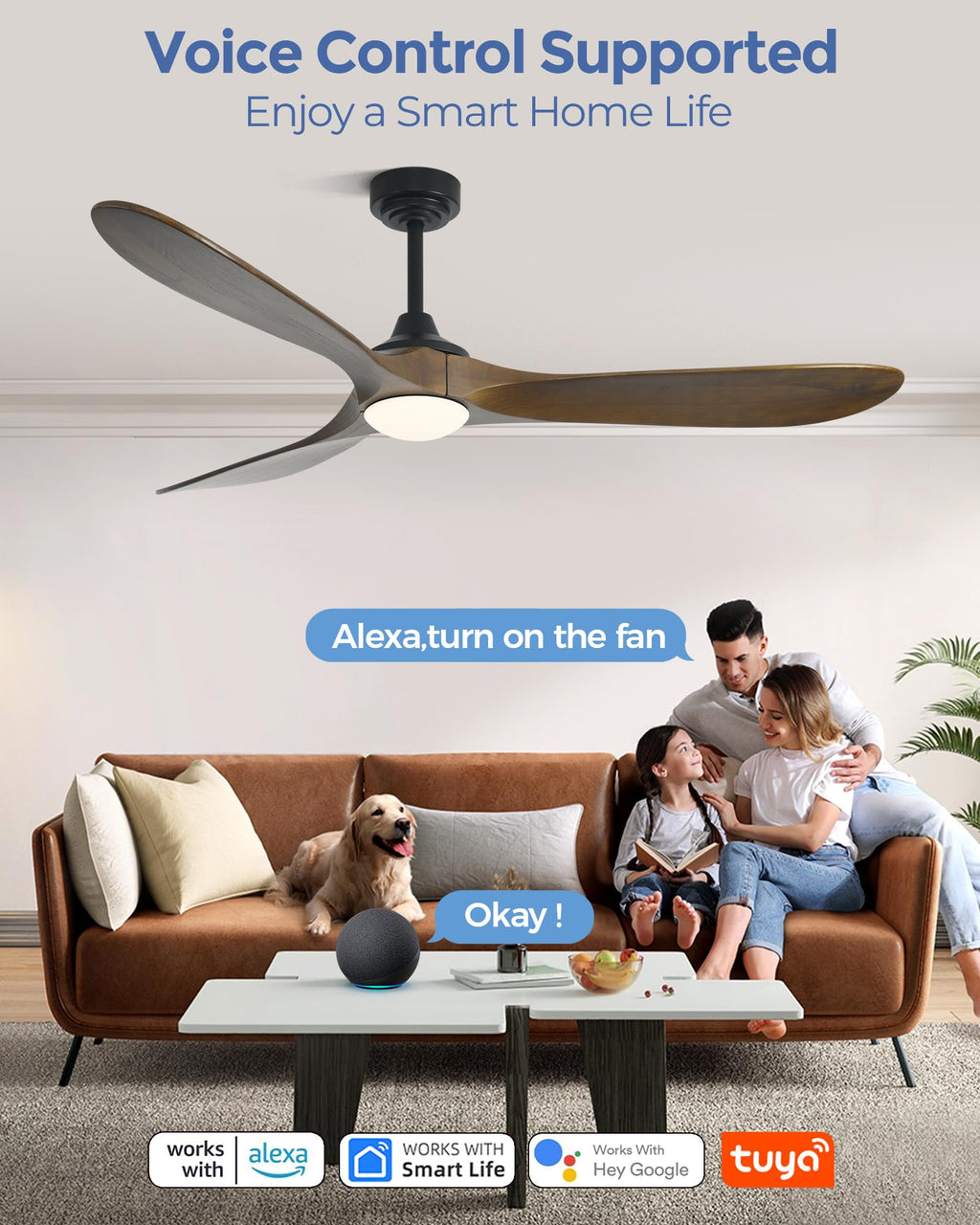 Ombrin 72 inch Outdoor Ceiling Fans with Lights,Smart Wood Large Ceiling Fan for Alexa,Google & APP Control,Indoor/Outdoor,3 Blades,3CCT Dimmable,Bronze Walnut,Downrod Mount for Patio Porch