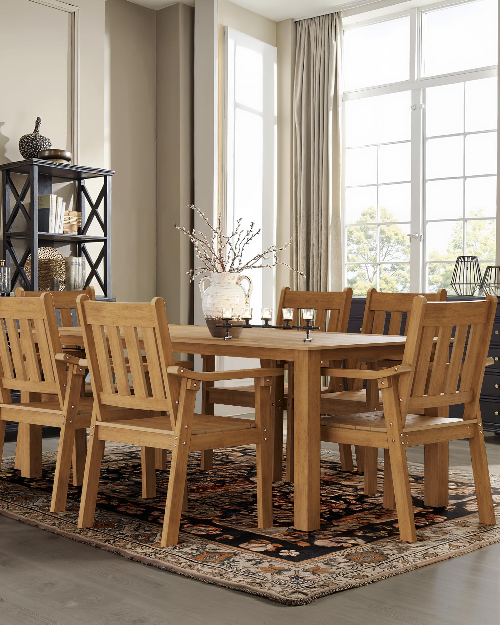 YEFU HIPS Patio Table Set: 7 Piece Outdoor Table and Chairs Dining Furniture Set with Umbrella Hole - Teak Modern Plastic Dining Sets 6 Person for Outside Deck with Metal Aluminum Frame