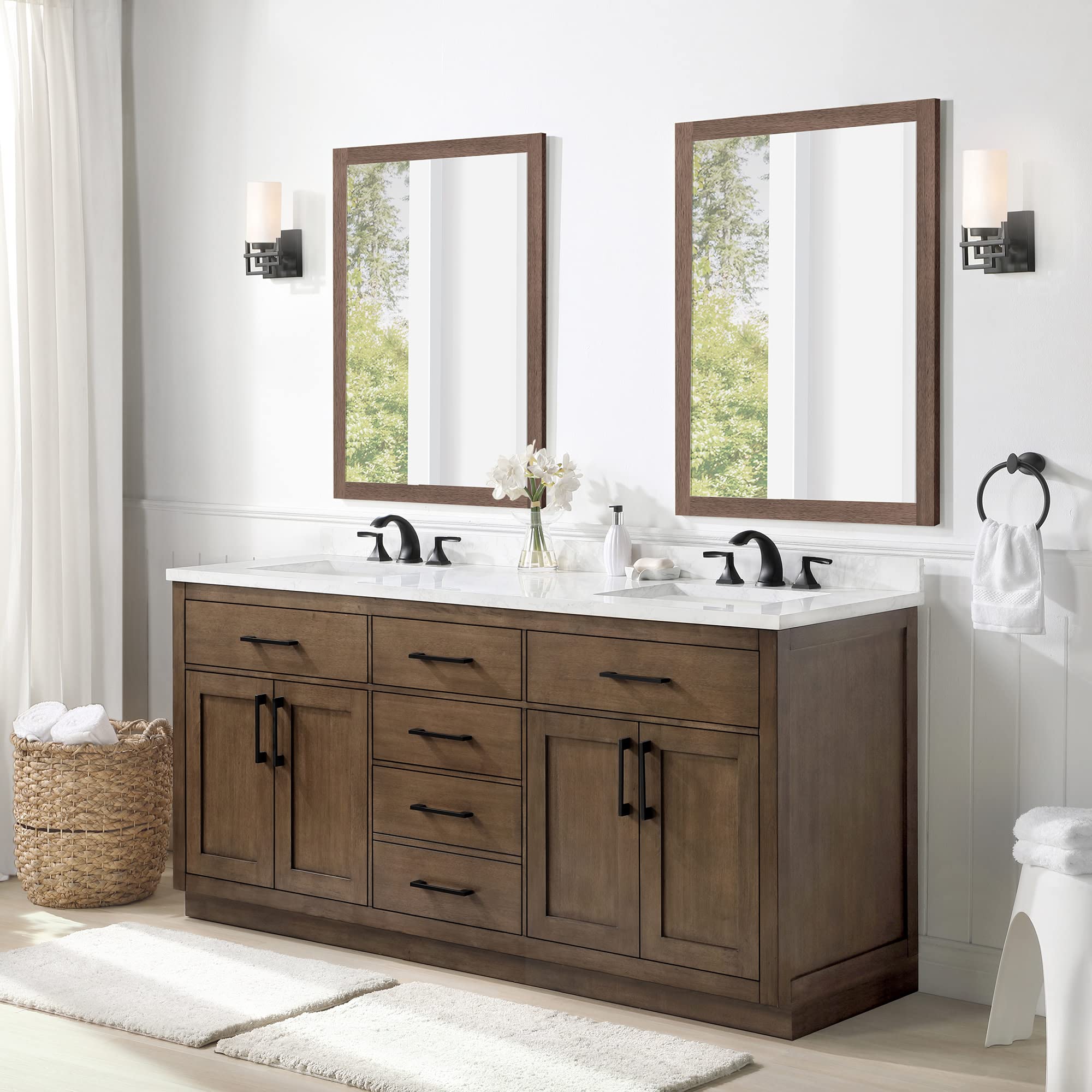 OVE Decors Athea 72" Double Undermount Sink Bathroom Vanity with Cultured Marble Countertop, Backsplash, Power Bar, in Almond Latte Finish